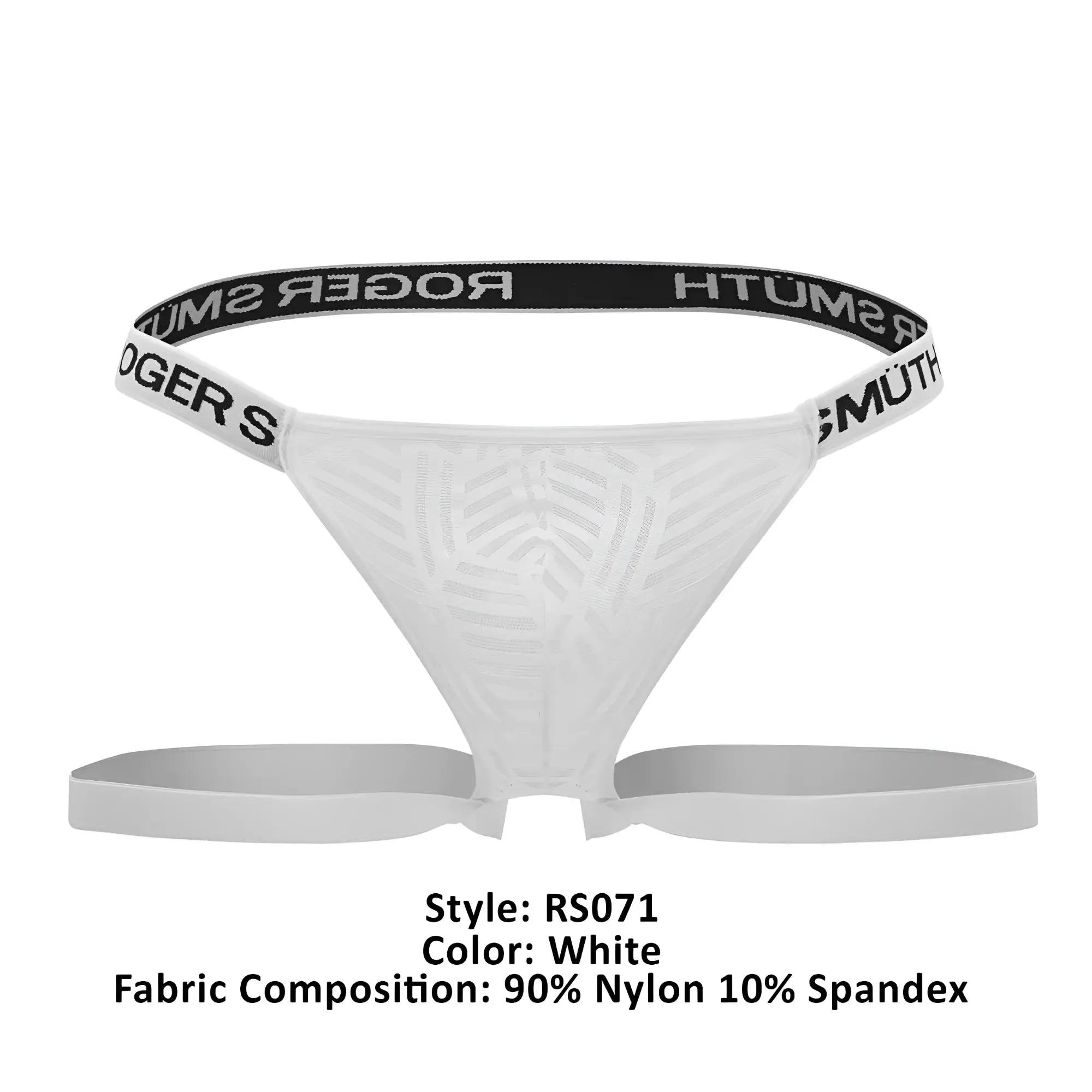 White Roger Smuth RS071 jockstrap with subtle textured pattern and black elastic waistband with brand name in white