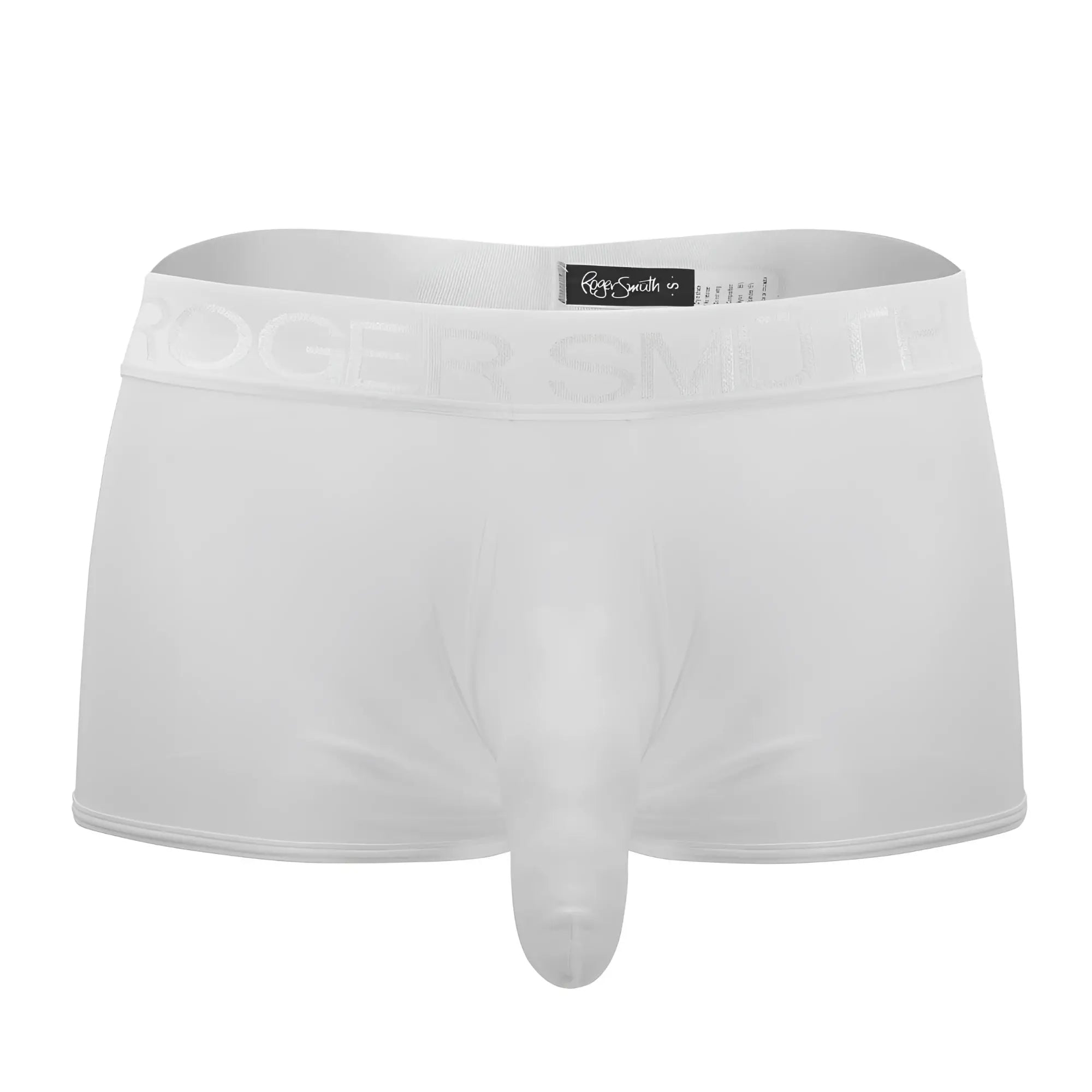 White roger smith rs072 trunks with smooth form-fitting fabric and subtle brand lettering on the waistband