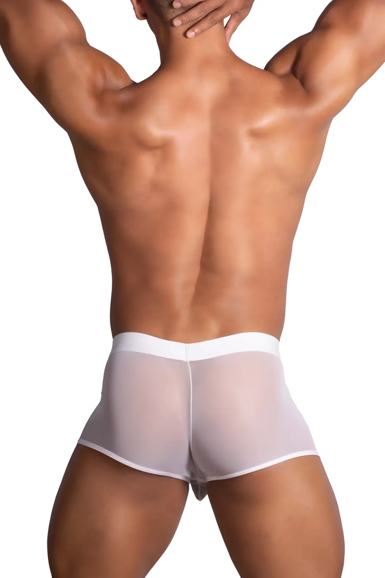 Roger Smuth RS072 trunks in white featuring transparent white mesh briefs with a solid white waistband front view