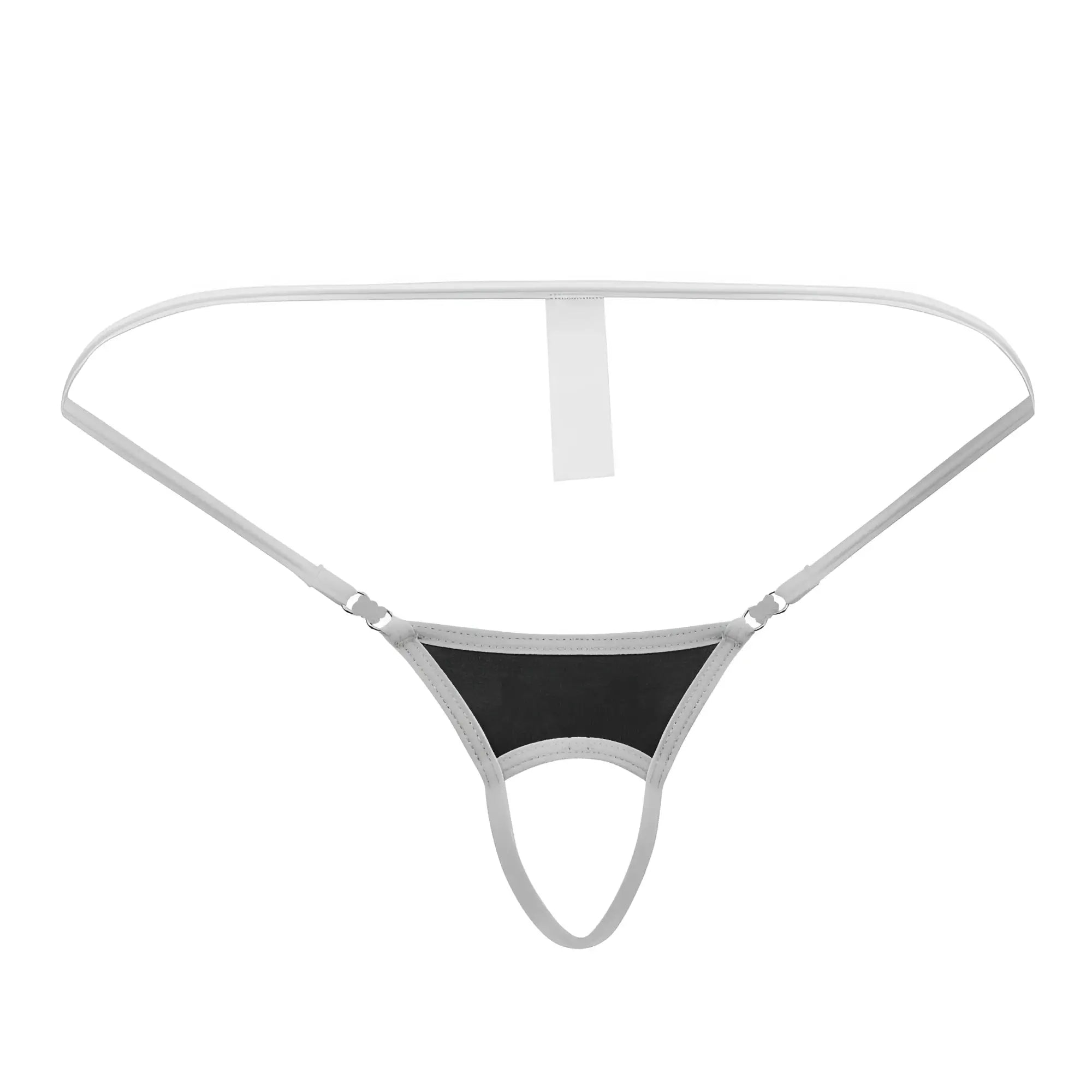 Roger smuth rs076 ball lifter black mesh thong with silver trim and adjustable straps shown from the back side