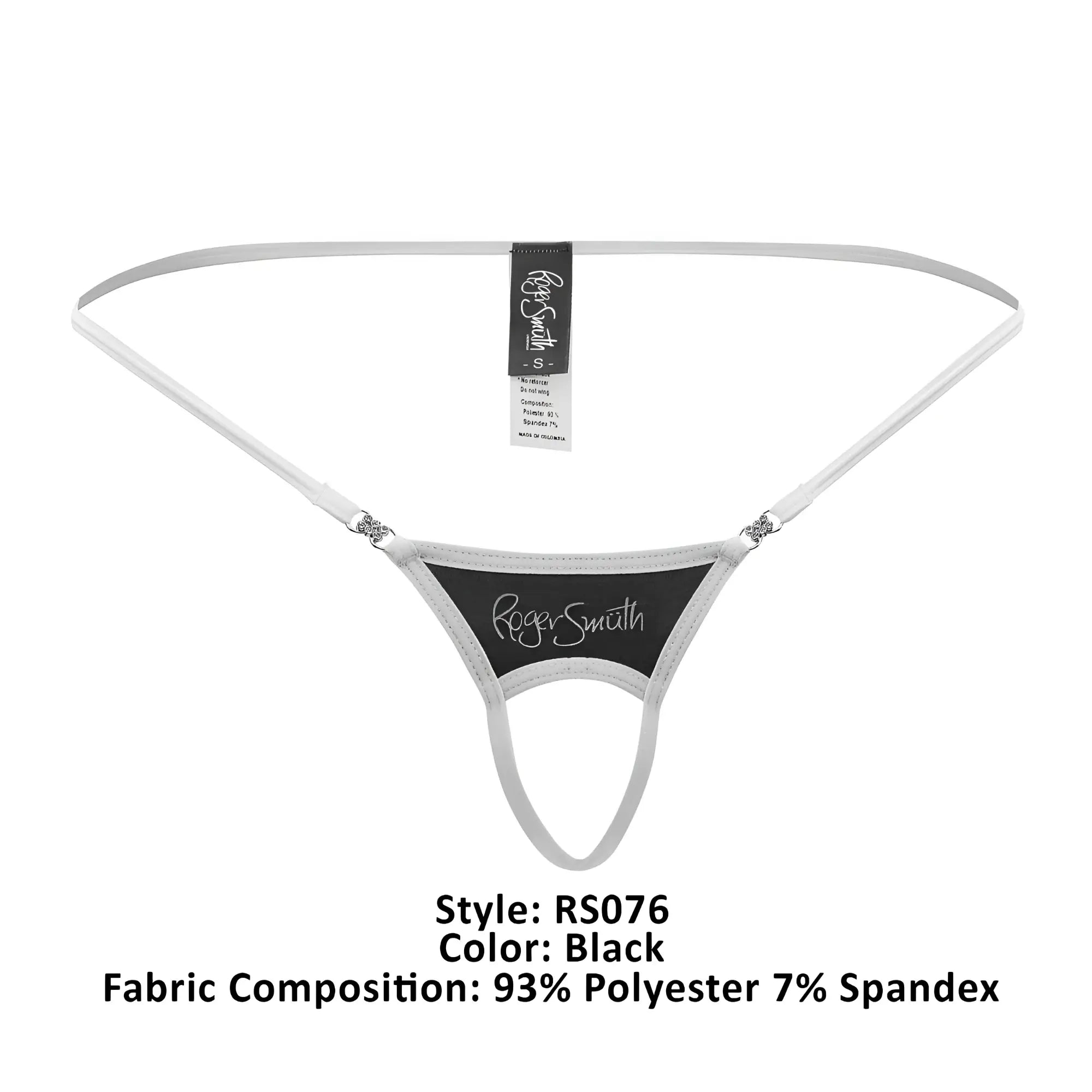 Black roger smith thong with white trim and silver hardware from roger smuth rs076 ball lifter collection