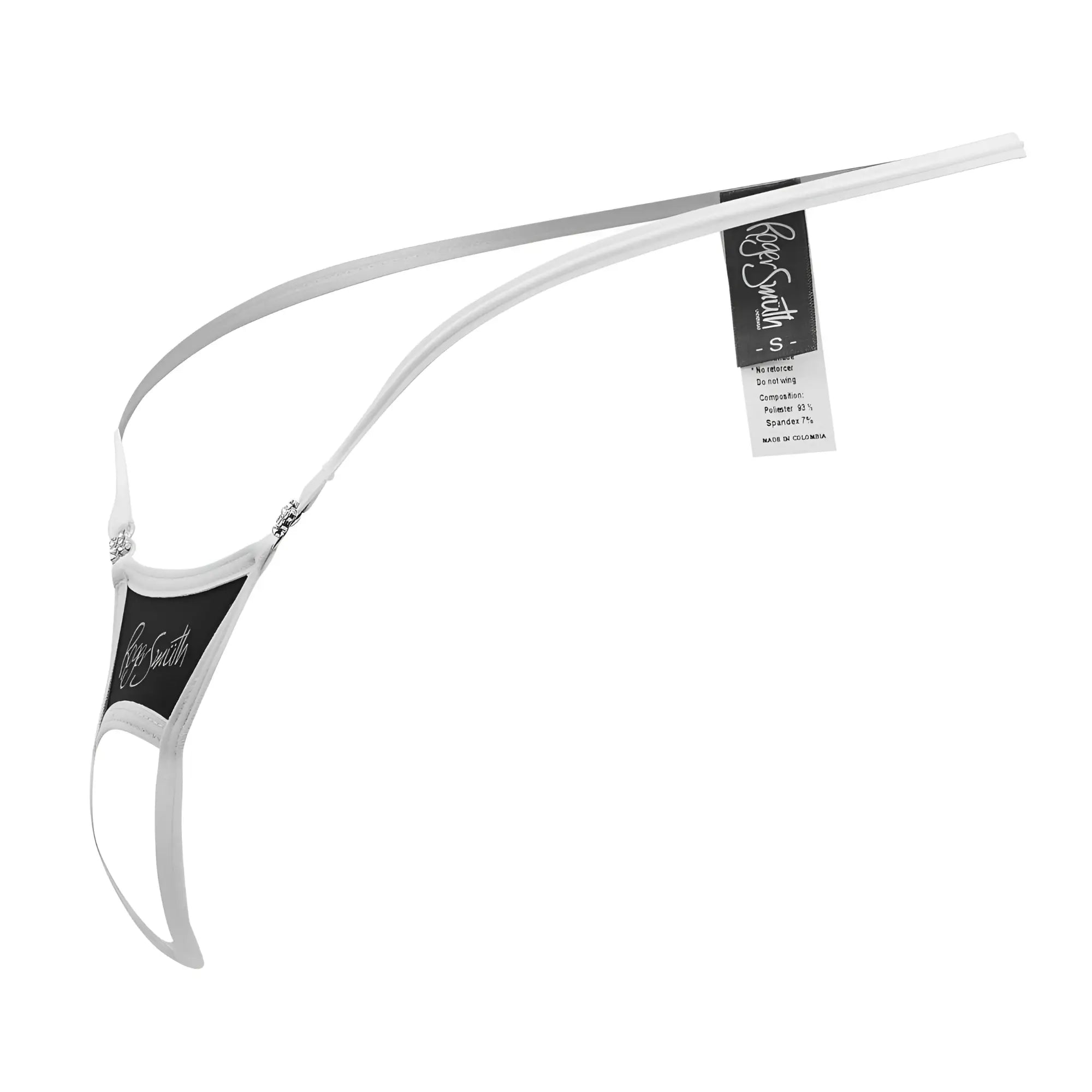 White sheer nylon thong with black branded panels and silver hardware from Roger Smuth RS076 ball lifter in black