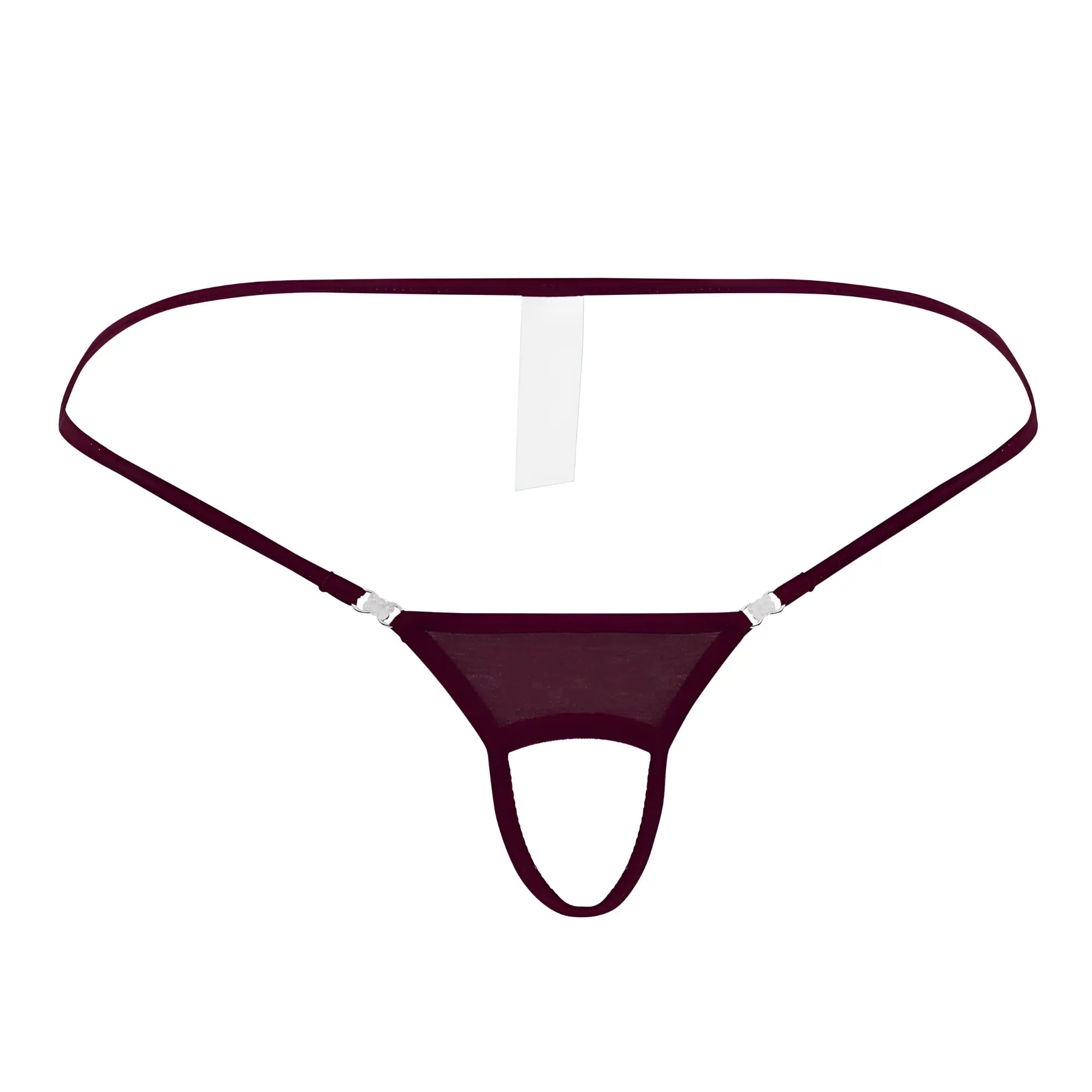 Roger smuth rs076 ball lifter burgundy mesh thong with thin elastic straps and silver toned metal clasps