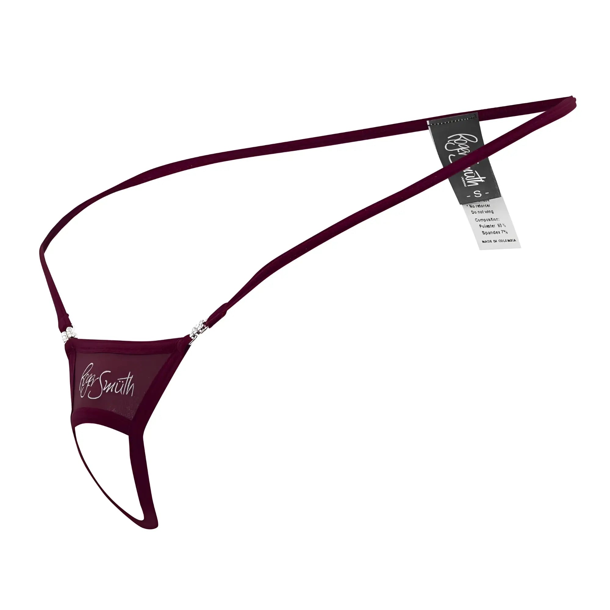 Roger smith rs076 ball lifter thong in burgundy with sheer mesh front panel and silver rhinestone side accents