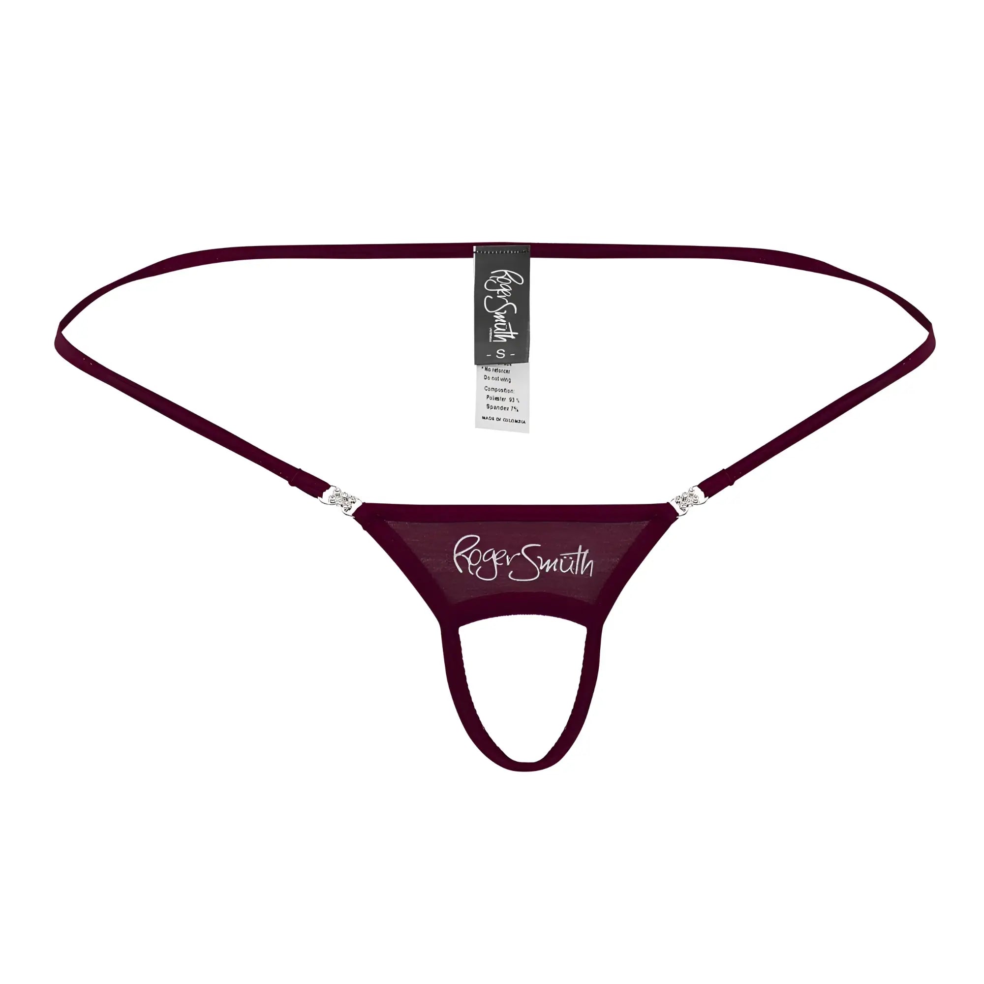 Maroon Roger Smith RS076 ball lifter thong with sheer mesh fabric and silver rhinestone accents front view