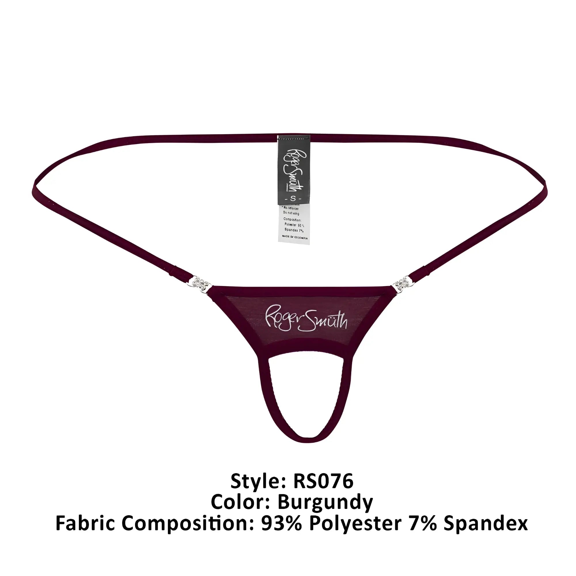 Burgundy Roger Smith RS076 ball lifter thong with sheer mesh fabric and silver rhinestone hip strap accents back view