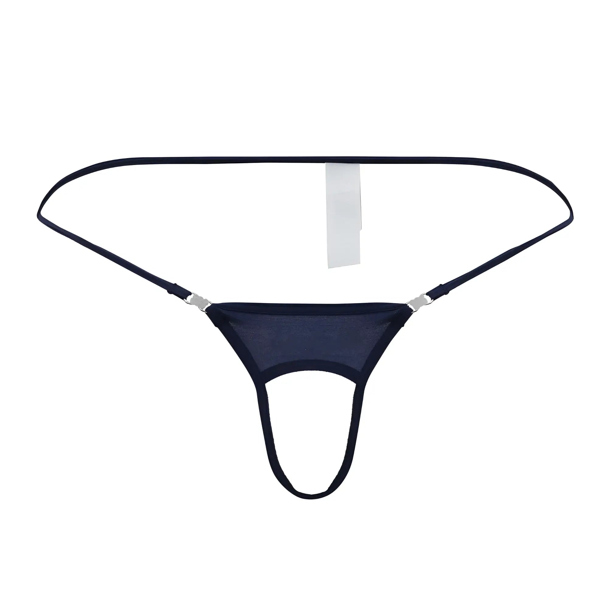 Black mesh thong with thin straps and silver metal clasps by roger smuth rs076 ball lifter in navy color