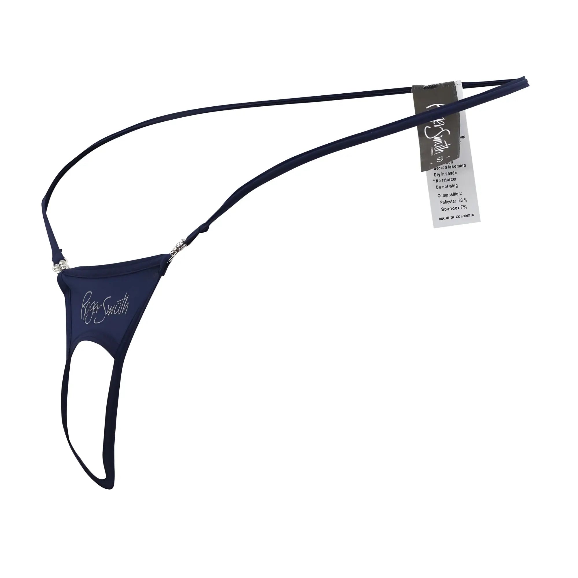 Navy blue lace thong ball lifter with silver embroidered roger smuth logo and crystal embellishments front view