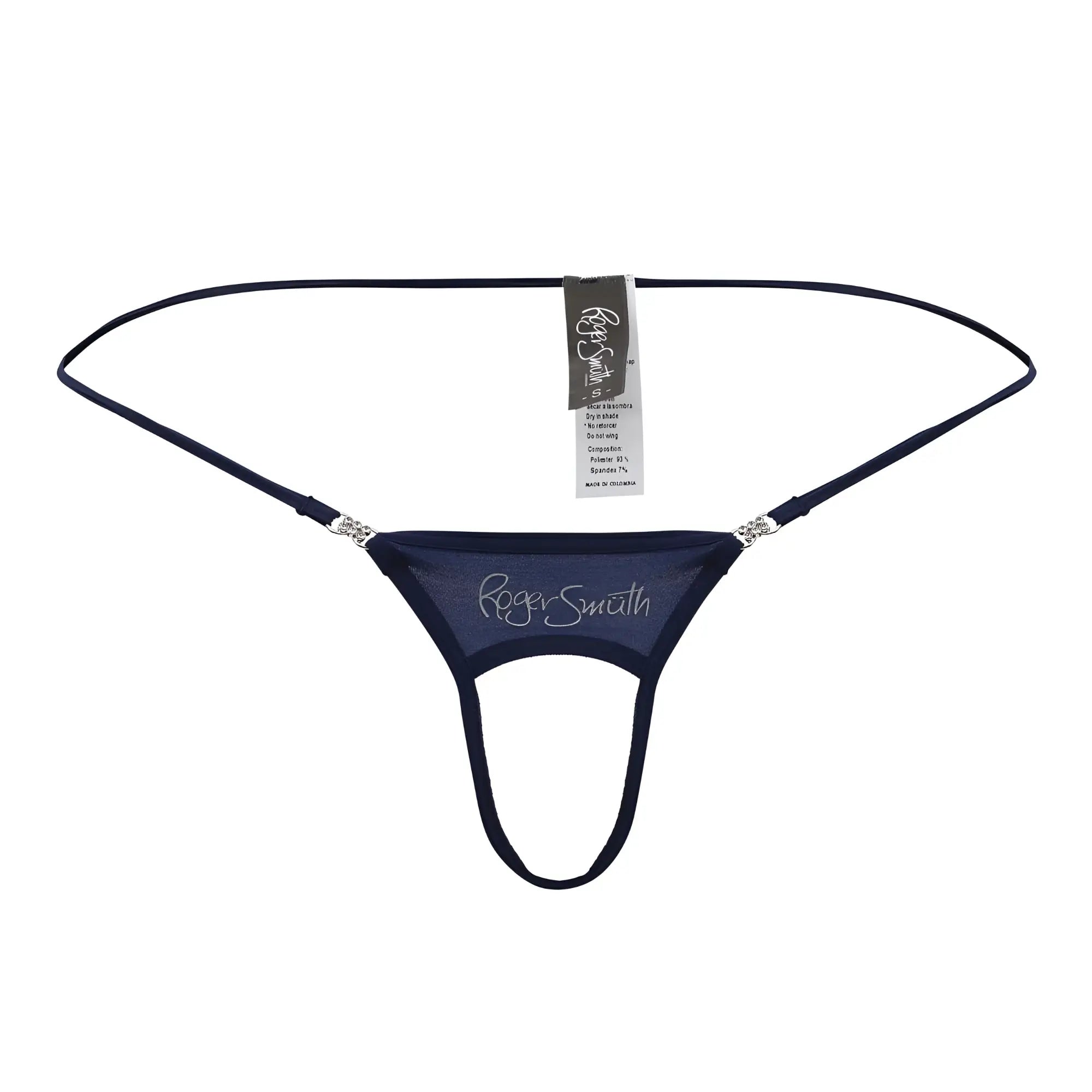 Navy roger smith rs076 ball lifter thong with sheer mesh fabric and silver rhinestone accents at hip straps back view