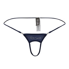 Navy roger smith rs076 ball lifter thong with sheer mesh fabric and silver rhinestone accents at hip straps back view