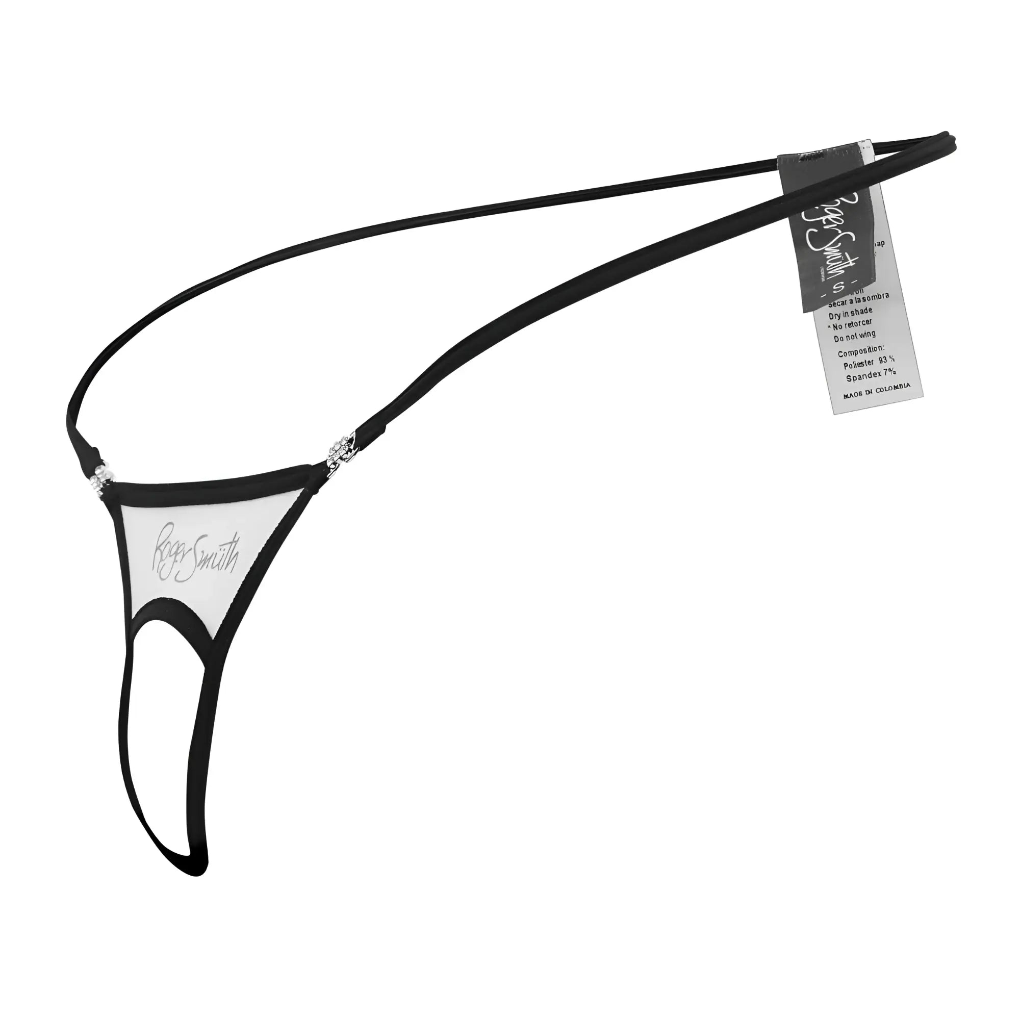 Black and white roger smith rs076 ball lifter thong with crystal embellishments on hip straps back view
