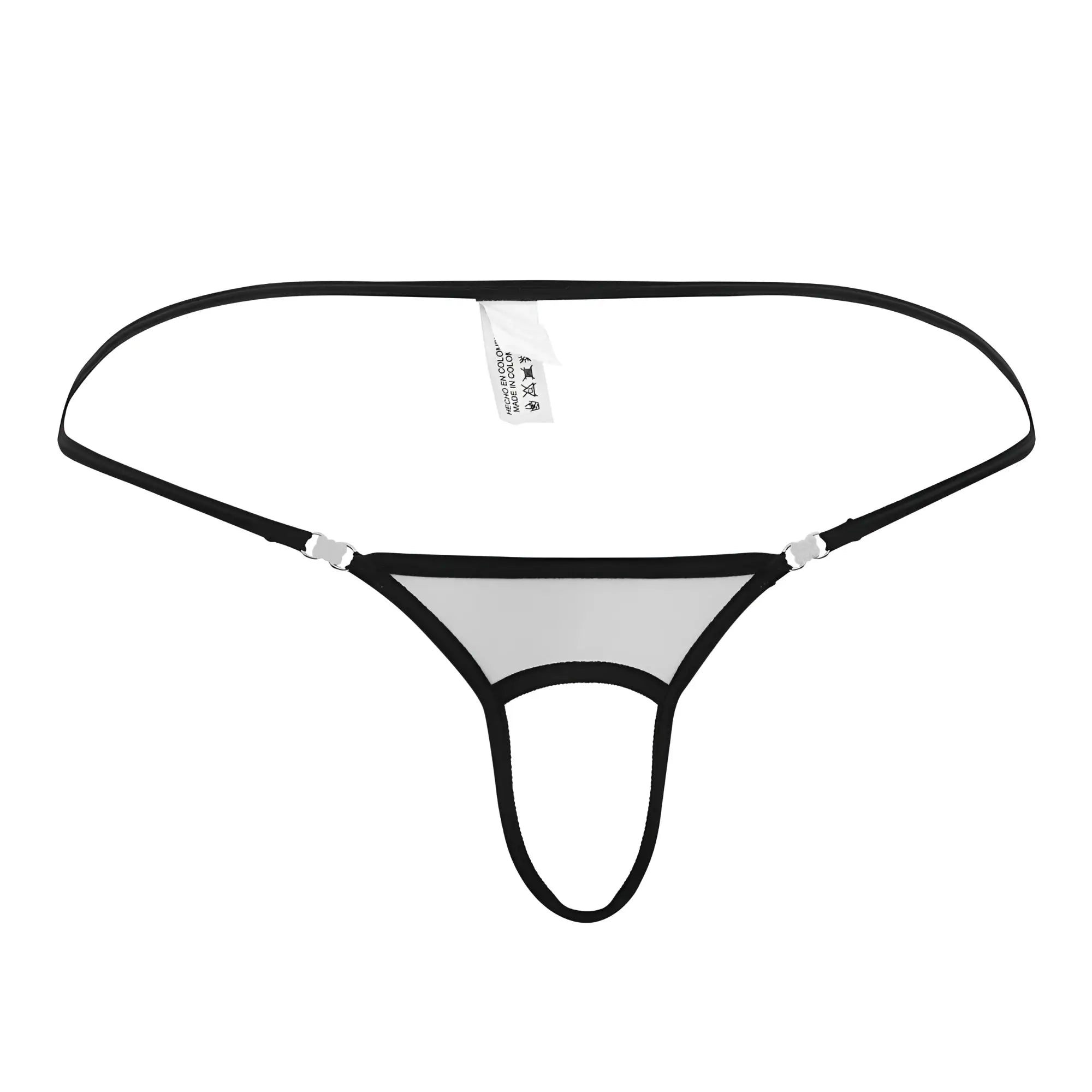 Roger smuth rs076 ball lifter white thong with sheer gray mesh panel and silver toned metal clasps front view