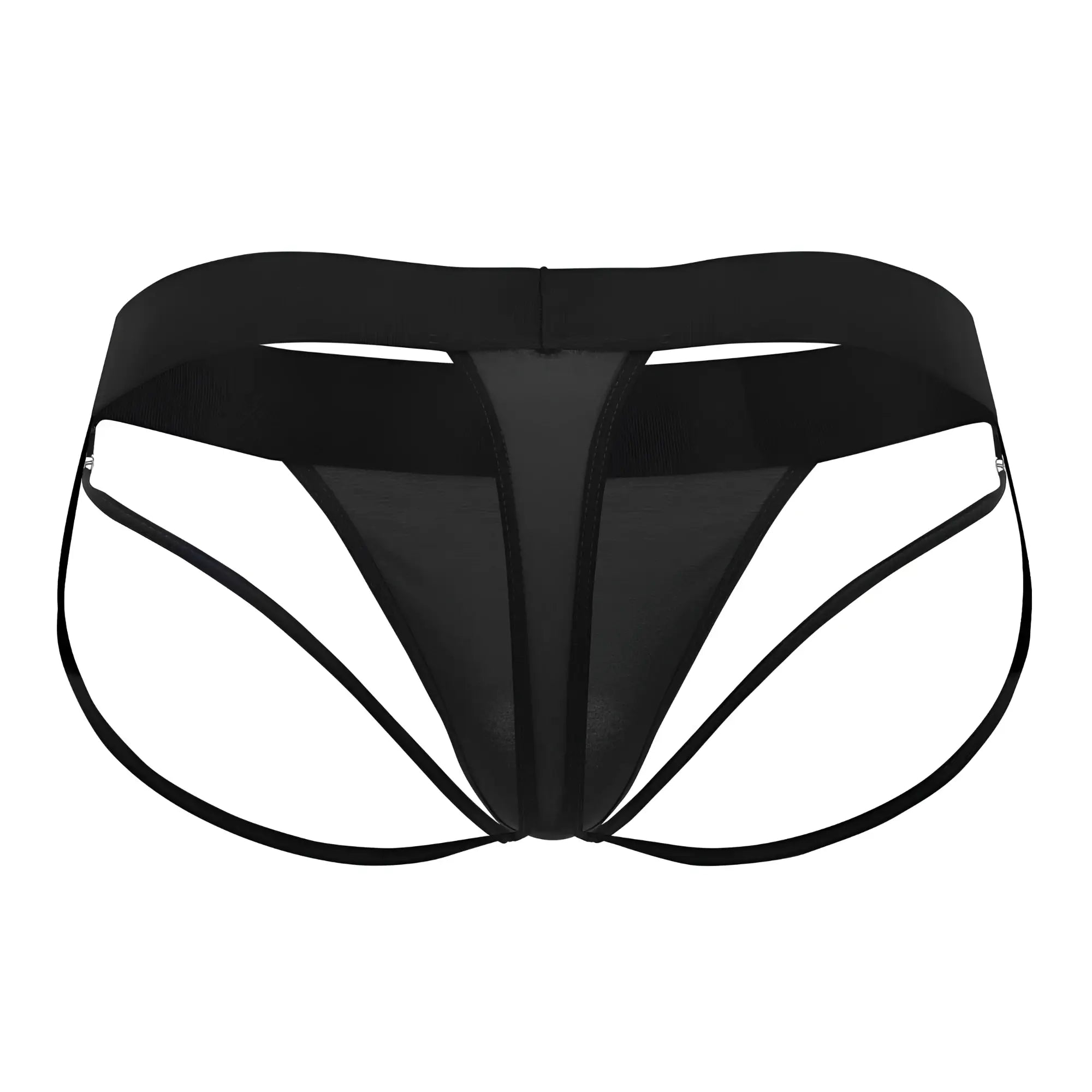 Black mesh Roger Smuth RS077 thongs with wide waistband and thin curved side straps shown from the back side