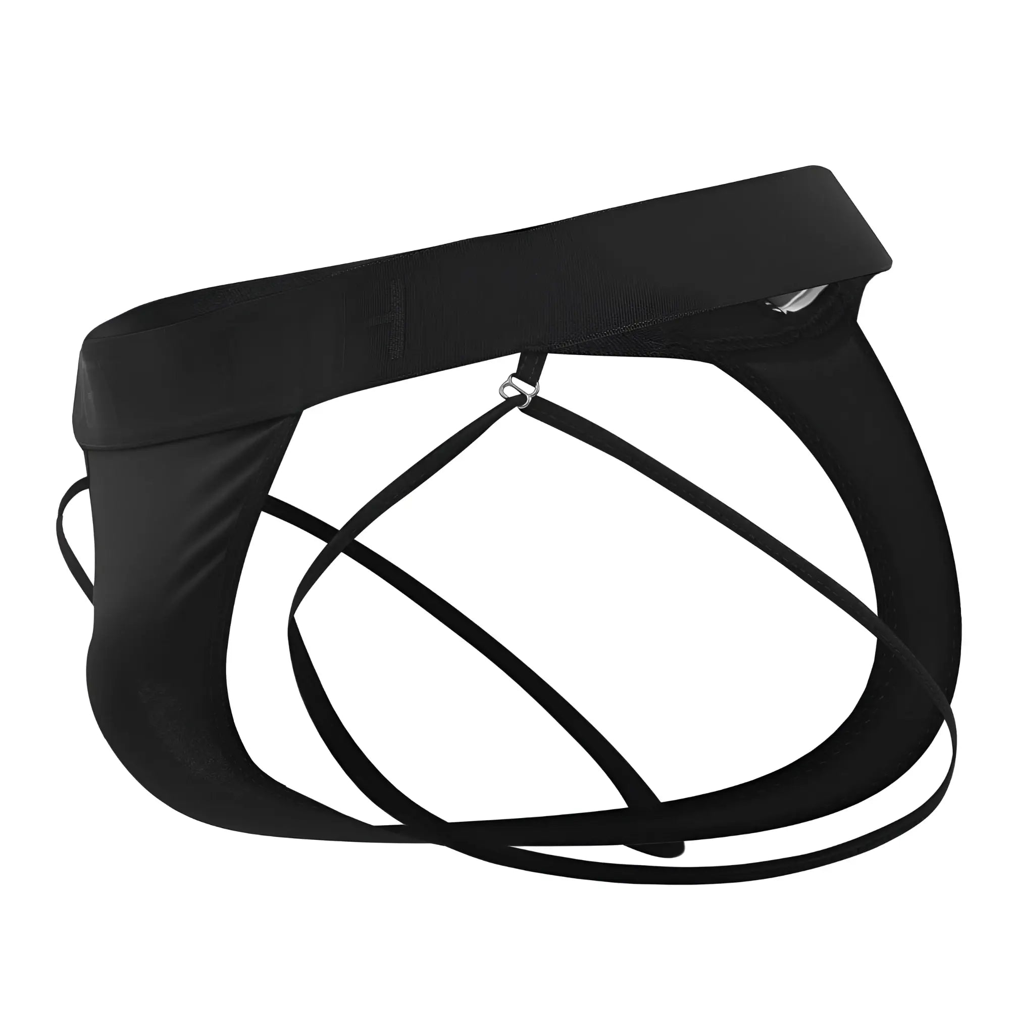 Black satin-like roger smuth rs077 thongs with thin crisscrossing straps and an adjustable waistband visible from the back