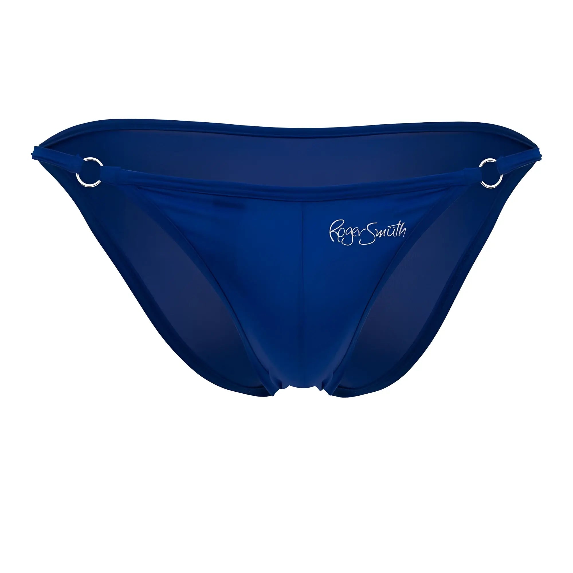 Deep blue roger smith rs084 bikini bottom with sheer form-fitting design and silver metal rings at the sides back view