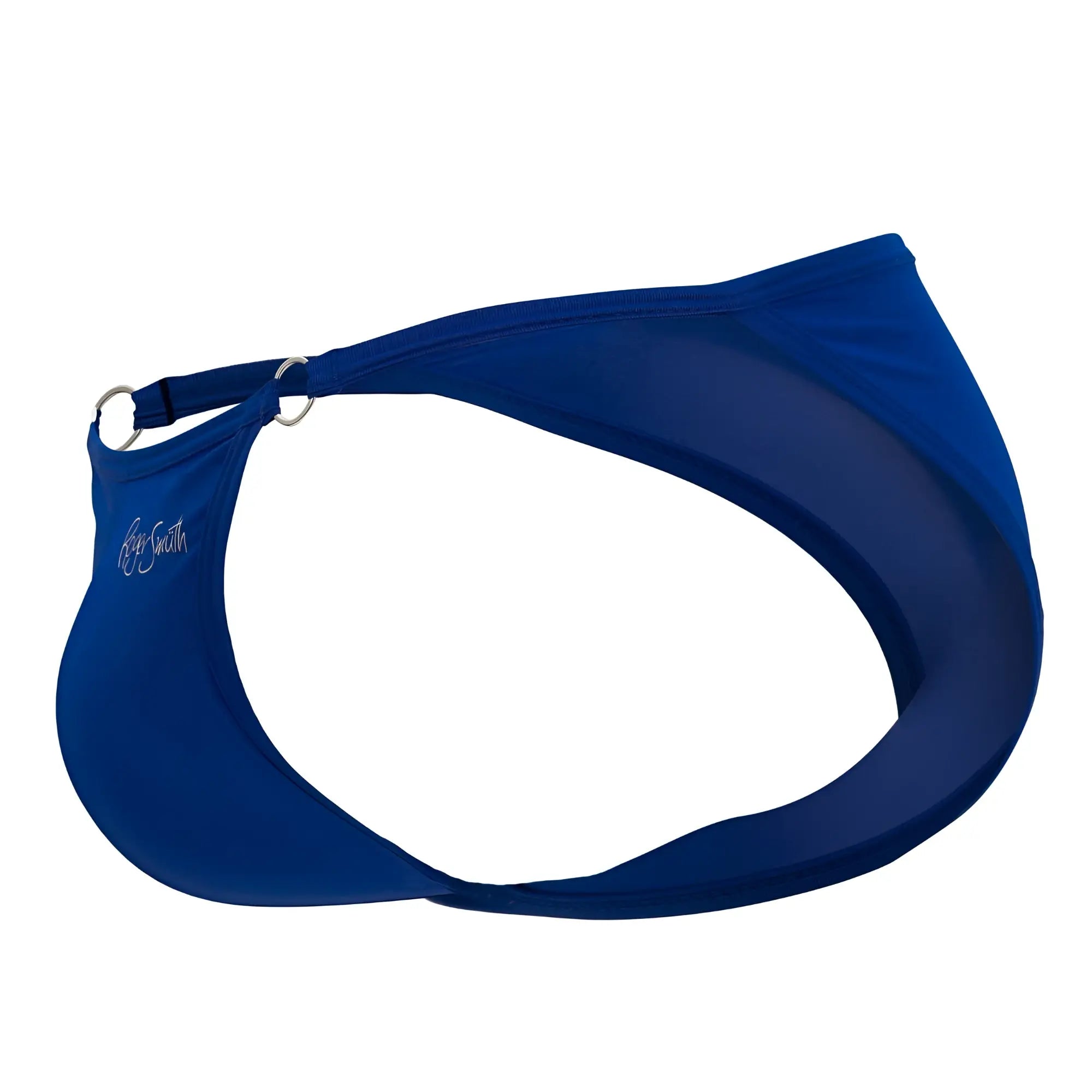 Royal blue nylon roger smuth rs084 bikini top with mesh panel and silver toned metal ring closure
