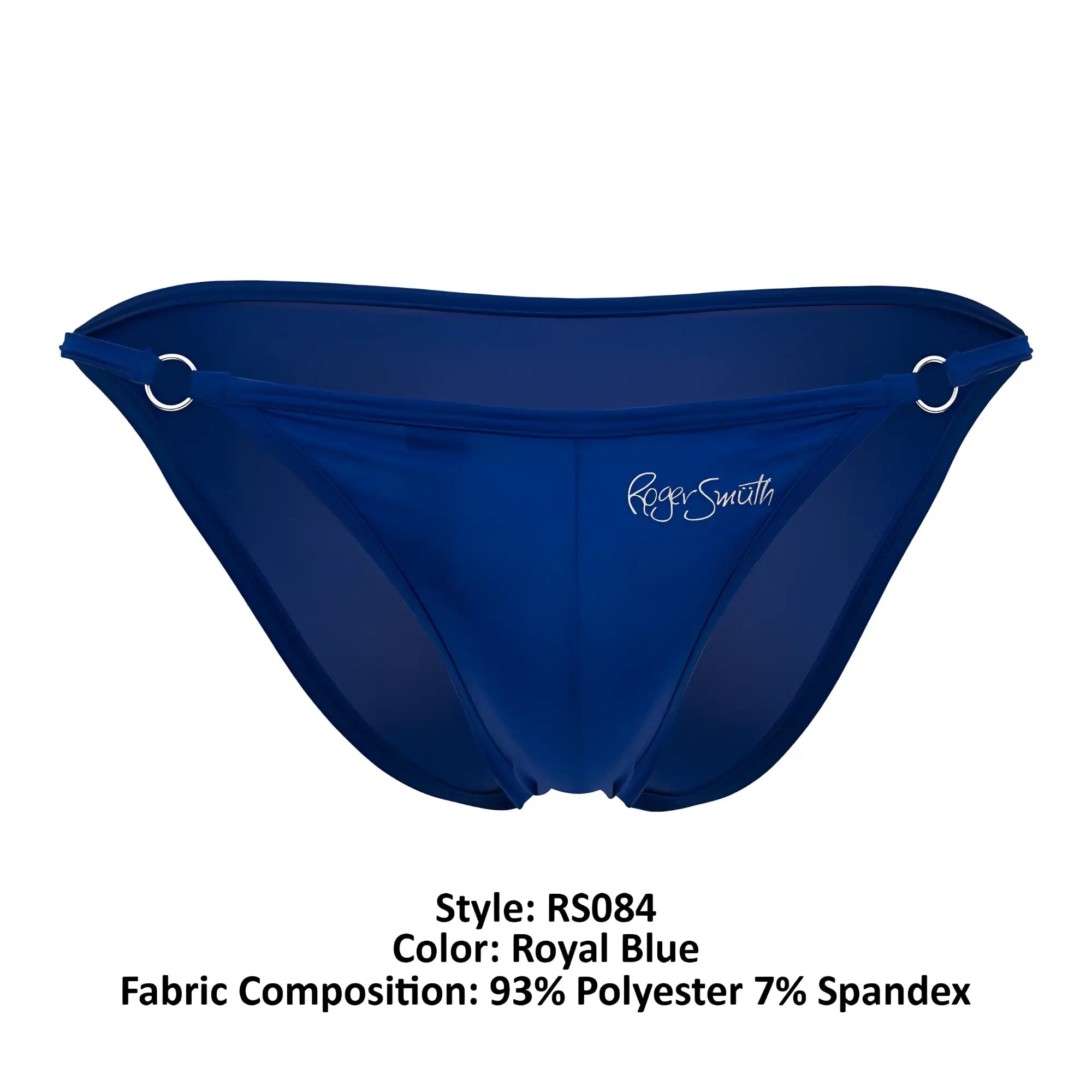 Royal blue roger smith rs084 bikini bottom with sheer fabric and silver metal rings at the sides