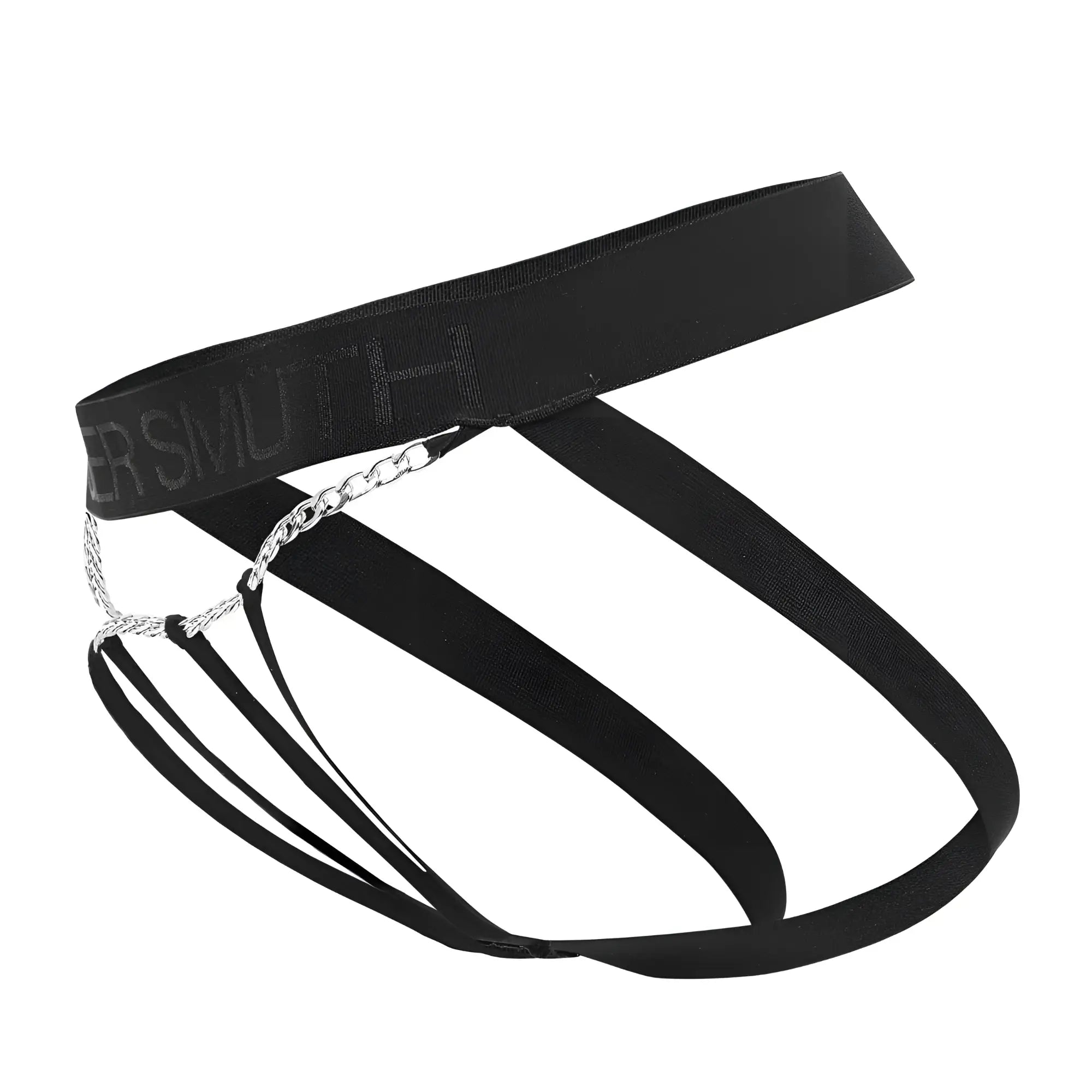 Black roger smuth rs086 jock-thong briefs with silver chain detail and ersmoth branded waistband