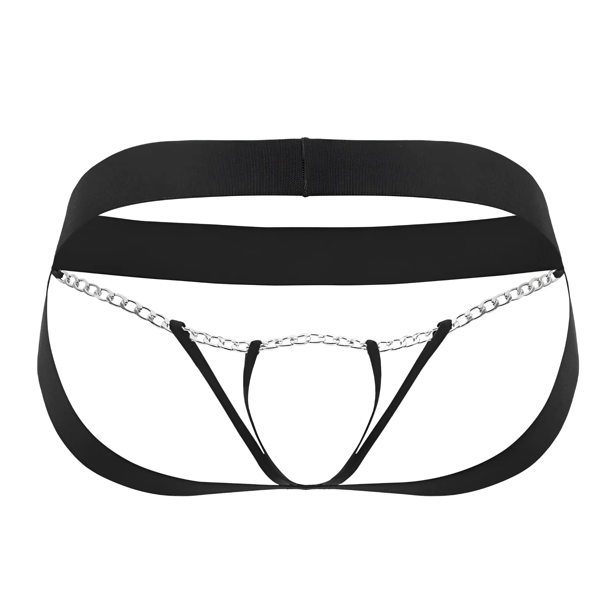 Black elastic waistband and leg straps with silver chain detail on roger smuth rs086 jock-thong back side
