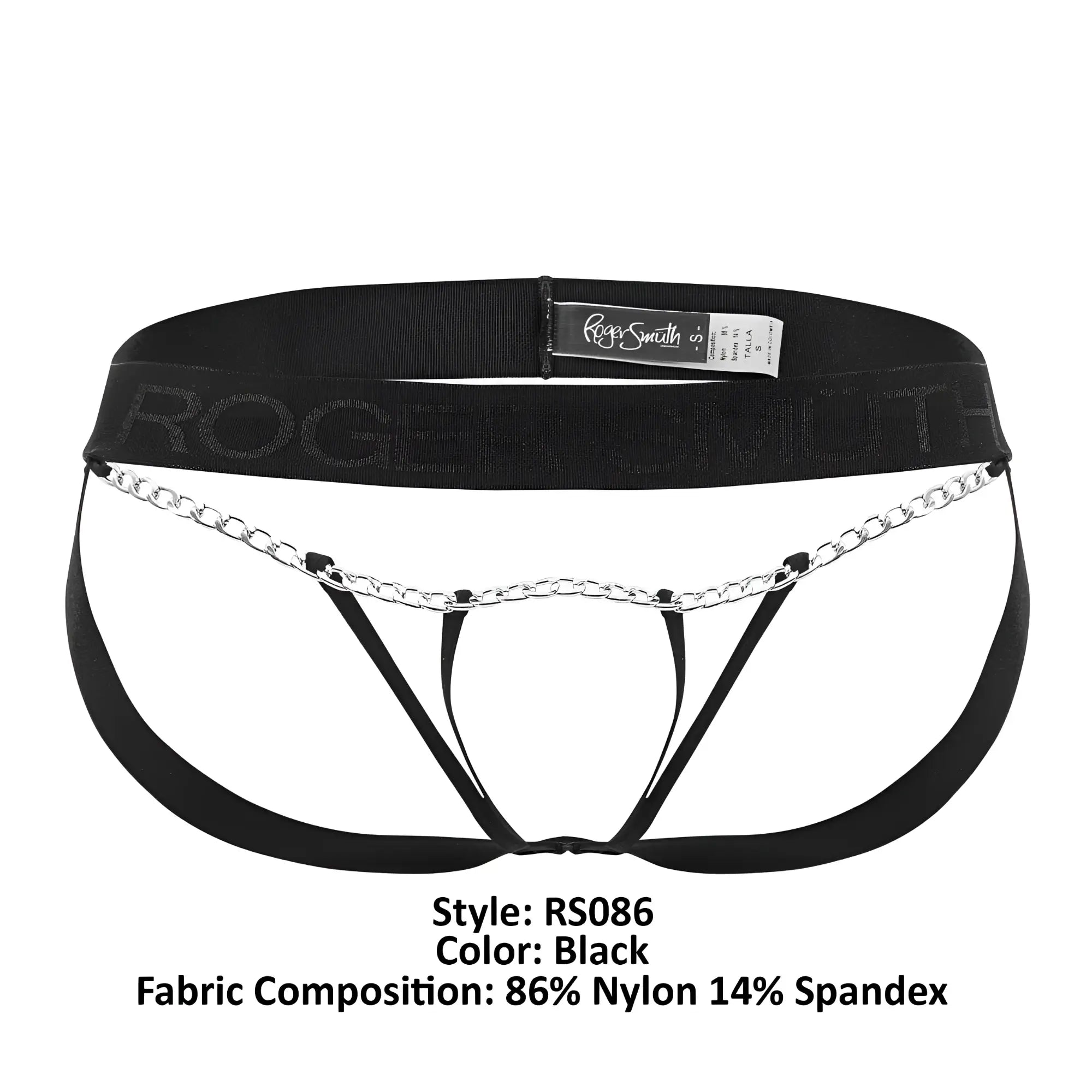 Black roger smith RS086 men’s jock-thong briefs with silver chain detail across the front in black color