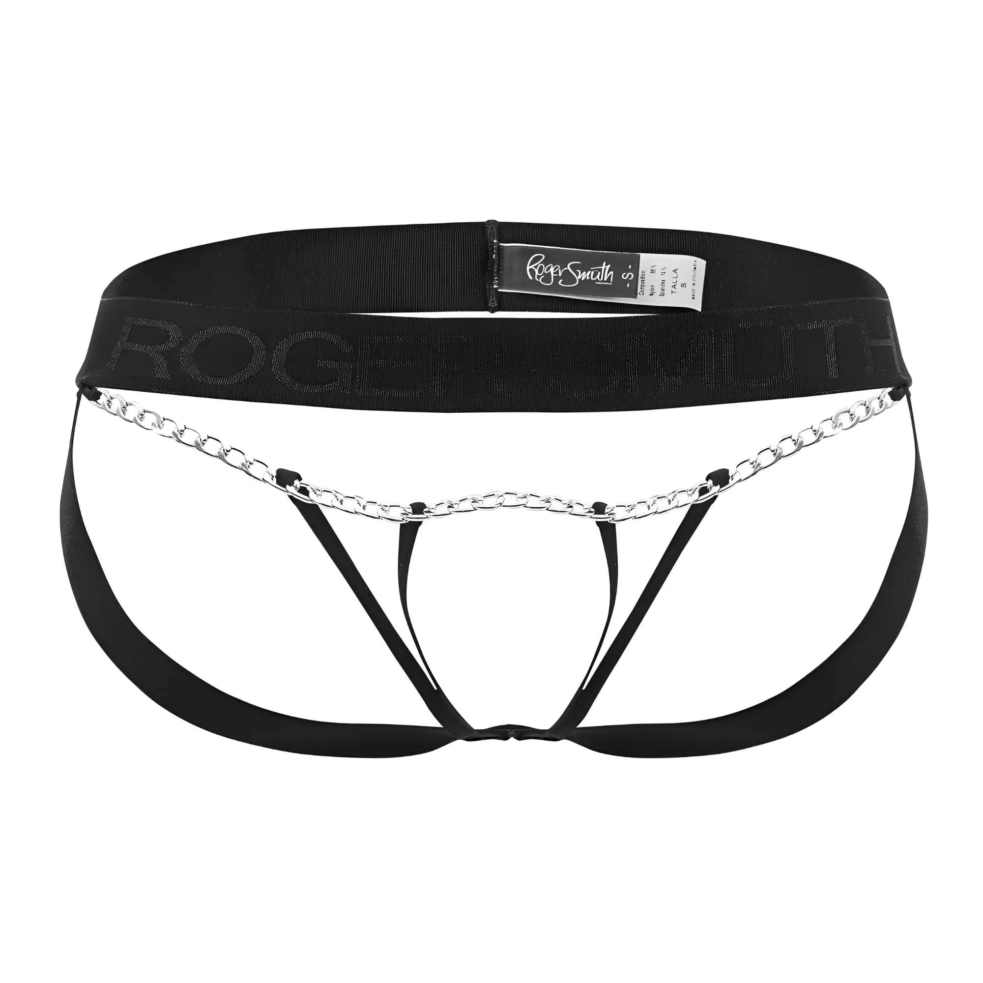 Black Roger Smith RS086 jock-thong briefs with silver chain detail on the front for men