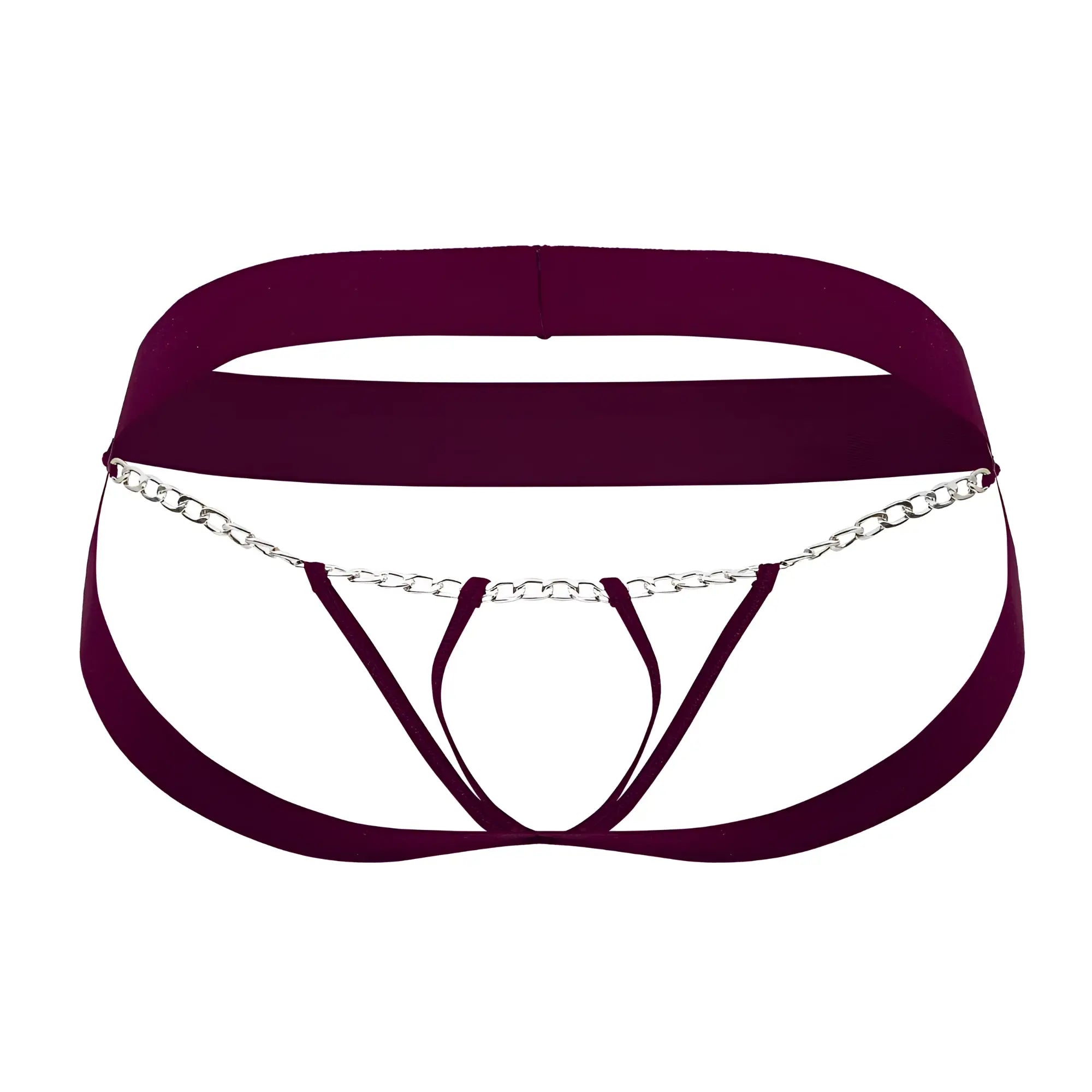 Roger Smuth RS086 jock-thong in burgundy maroon satin with silver chain detailing showing the back side