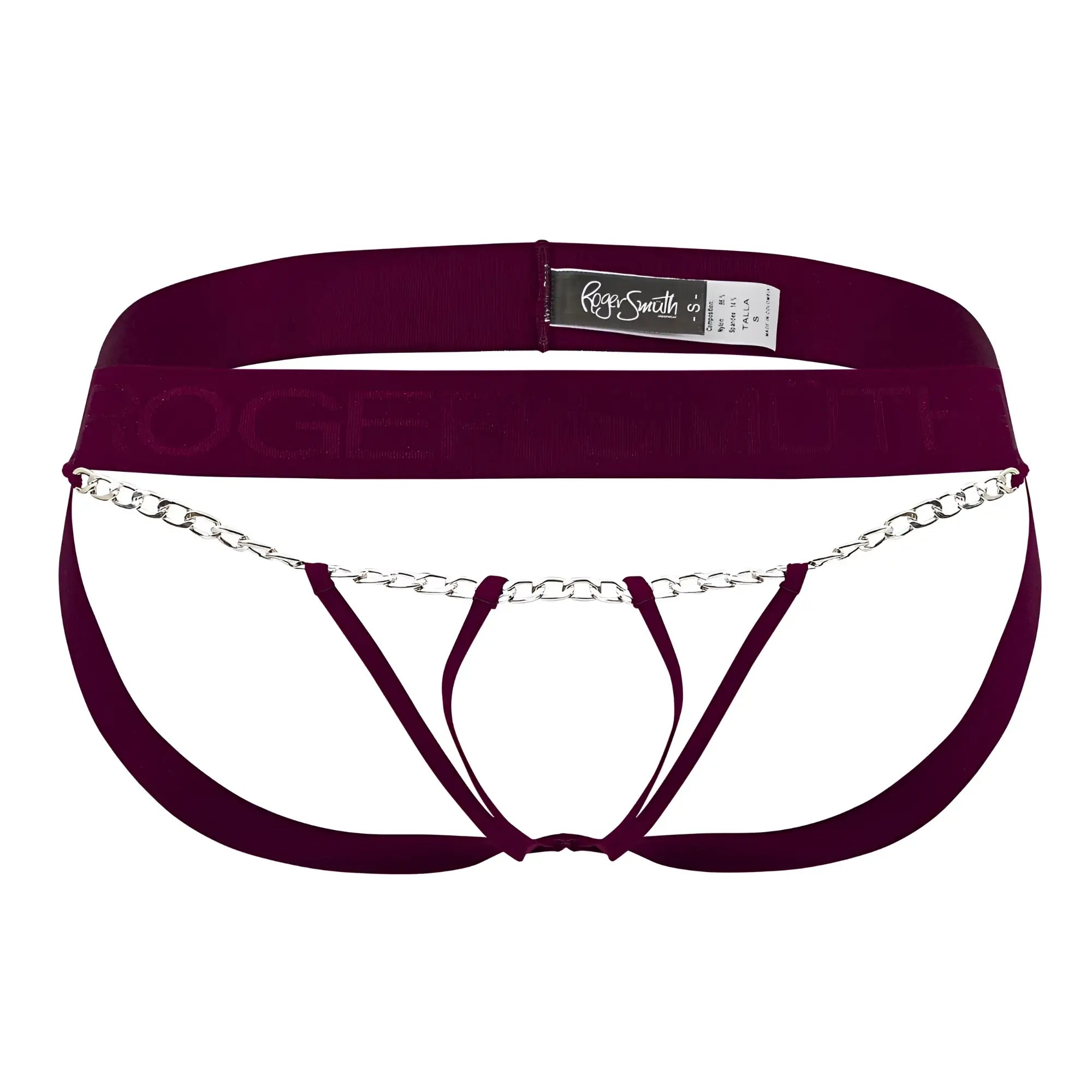 Roger smith RS086 men’s maroon jock-thong briefs with silver-toned metal chain detail across the front
