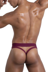 Roger Smuth RS086 jock-thong in burgundy stretch fabric with wide waistband and thin straps shown from the back