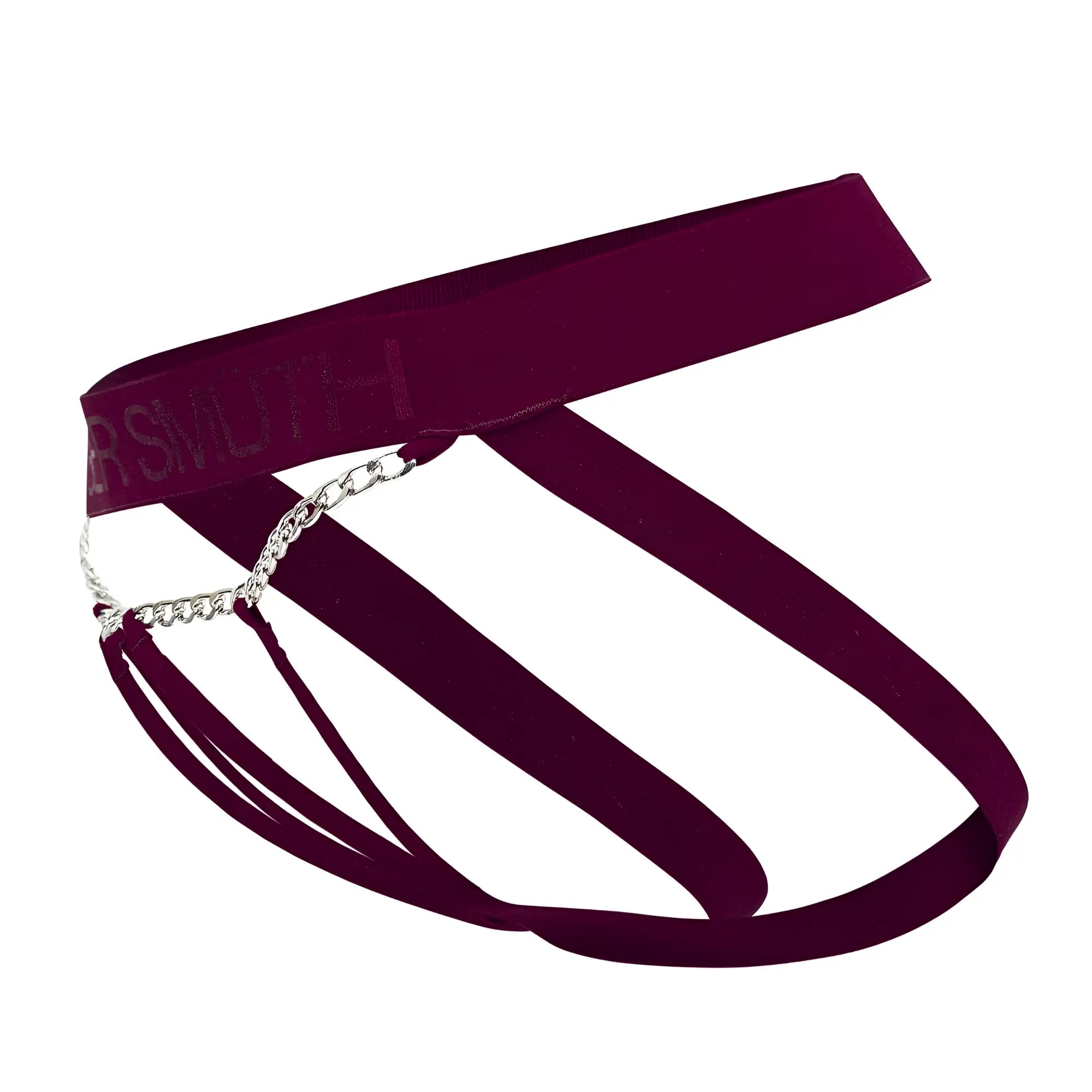 A maroon velvet choker with silver chain detail from Roger Smuth RS086 jock-thong color burgundy collection
