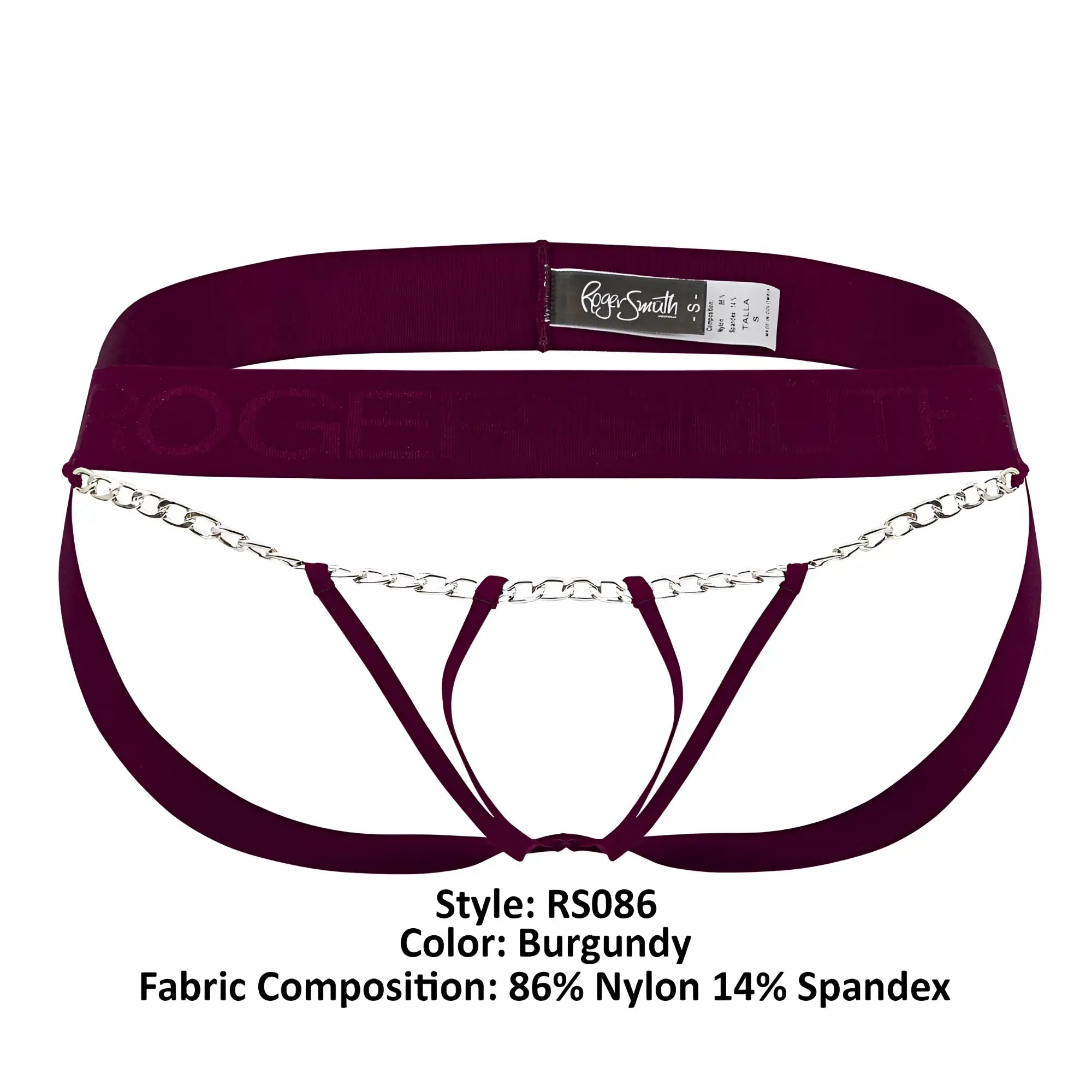 Burgundy nylon and spandex Roger Smuth RS086 jock-thong briefs with silver chain detail shown from the back side