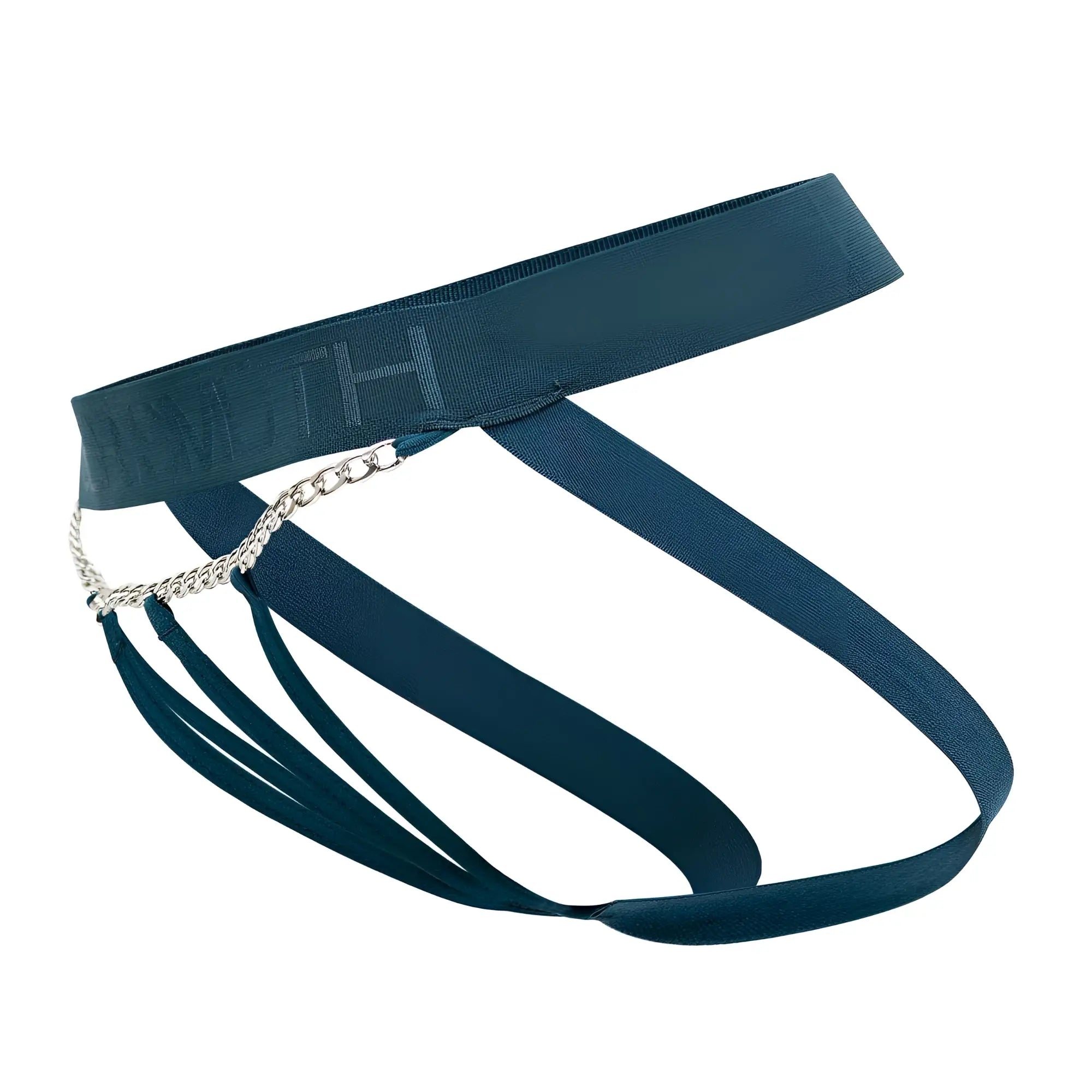 Roger smuth rs086 jock-thong in green with dark teal elastic waistband and silver chain detail multiple fabric straps