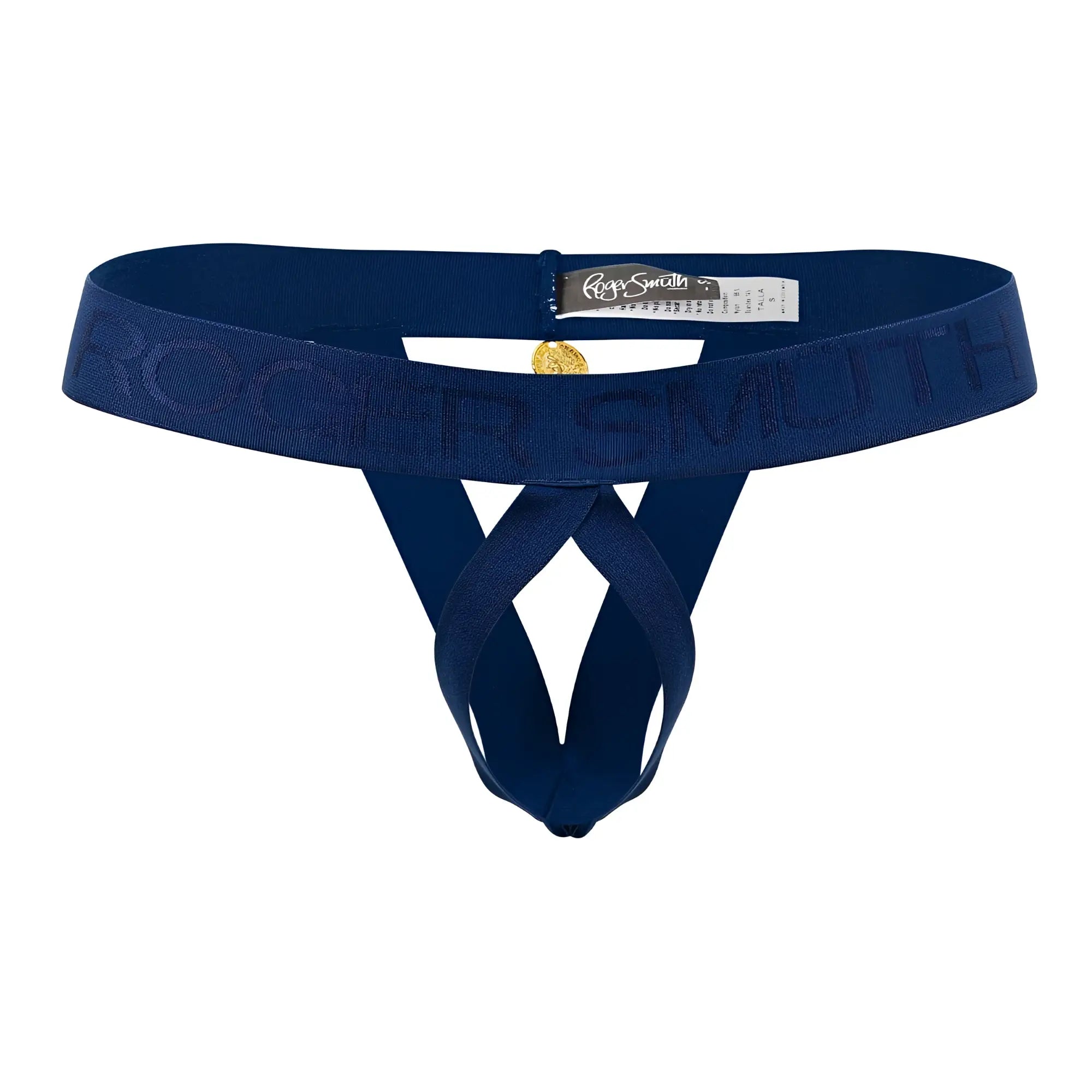 Deep navy blue elasticated thong with embossed roger smith logo and gold tone charm in roger smith rs087 ball lifter
