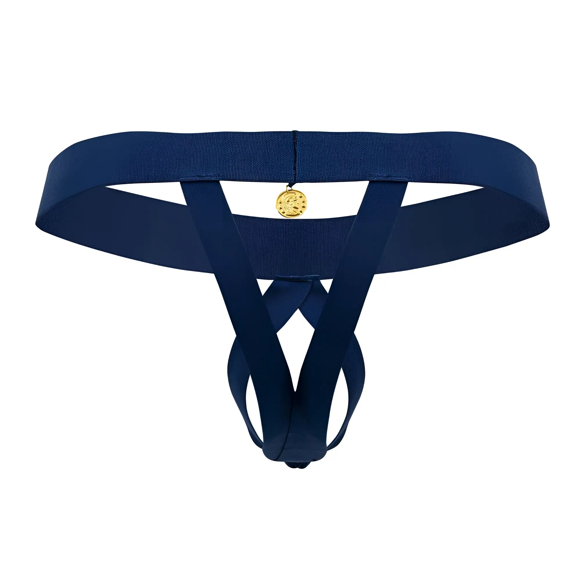 Navy blue elasticated thong ball lifter by Roger Smuth with gold toned circular charm at the center