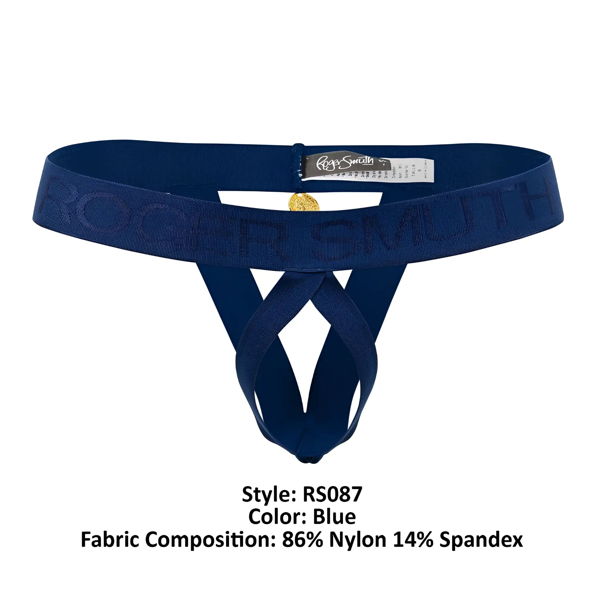 Navy blue roger smuth rs087 ball lifter men’s thong with subtle embossed logo and gold-tone metallic clasp
