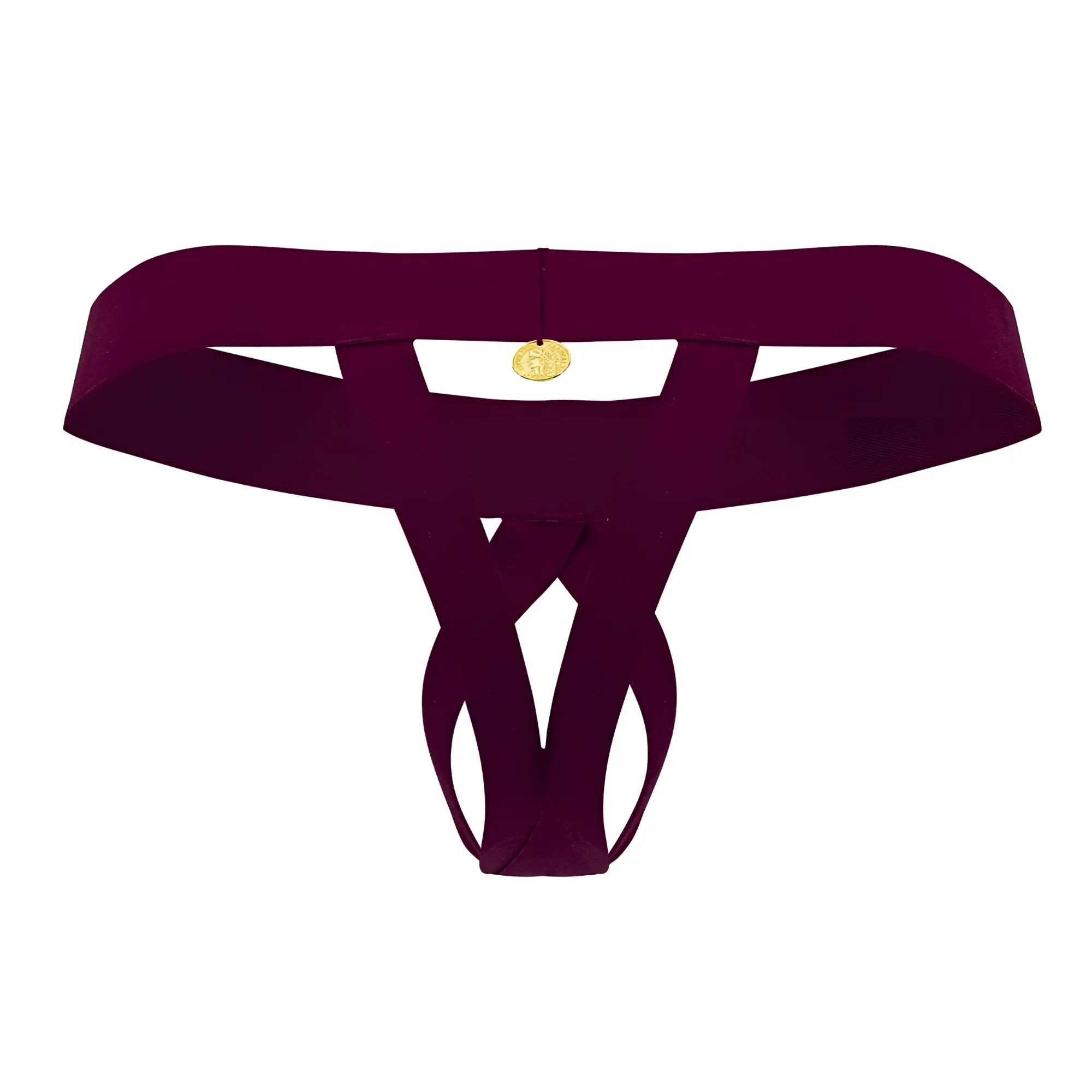 Roger Smuth RS087 ball lifter deep burgundy satin thong with gold coin charm at center front