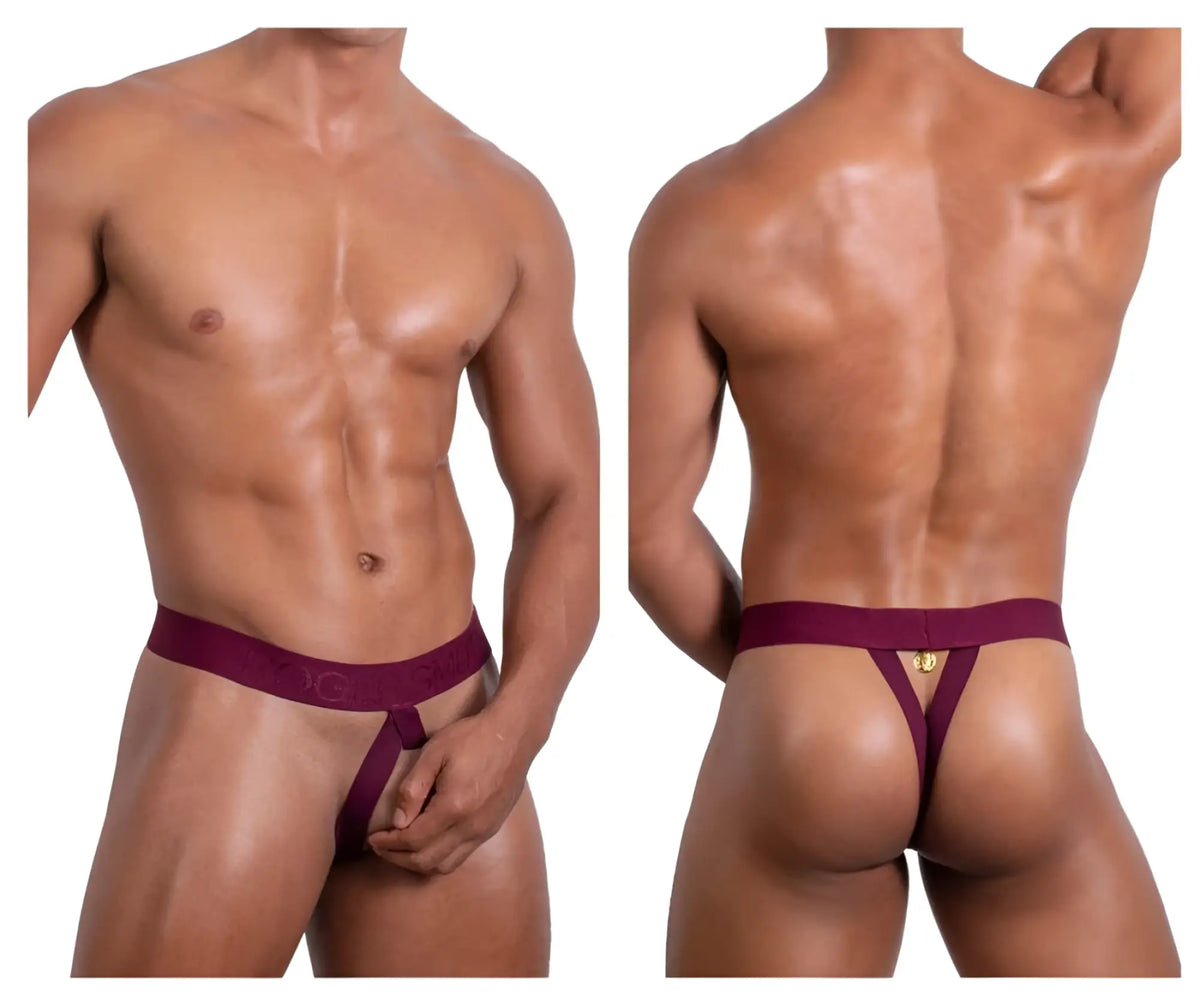 Back view of roger smuth rs087 ball lifter thong in burgundy with a gold logo on the maroon fabric
