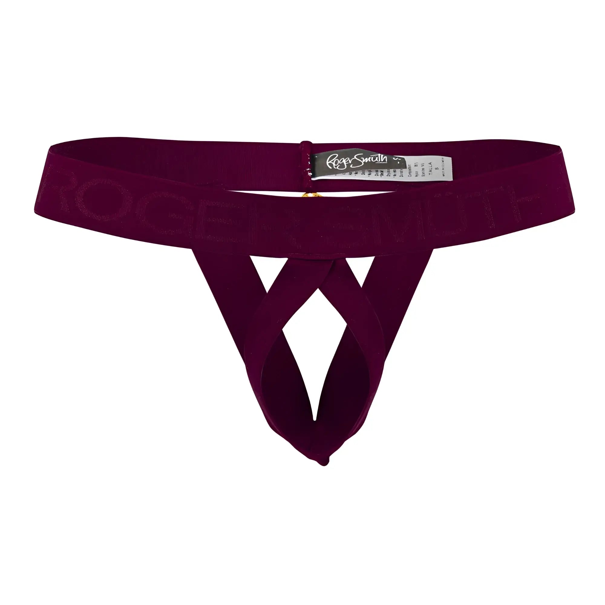 A maroon velvet Roger Smith RS087 ball lifter thong with crisscross design and embossed waistband branding