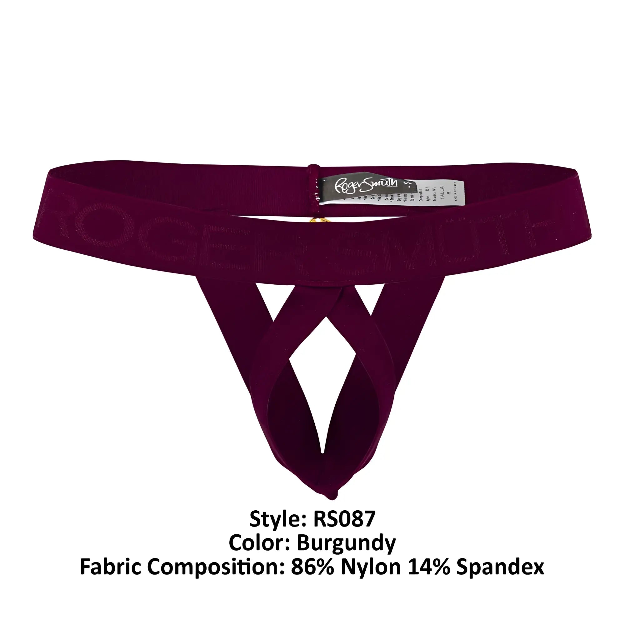 Burgundy velvet thong ball lifter with subtle roger smith logo woven into the elastic waistband
