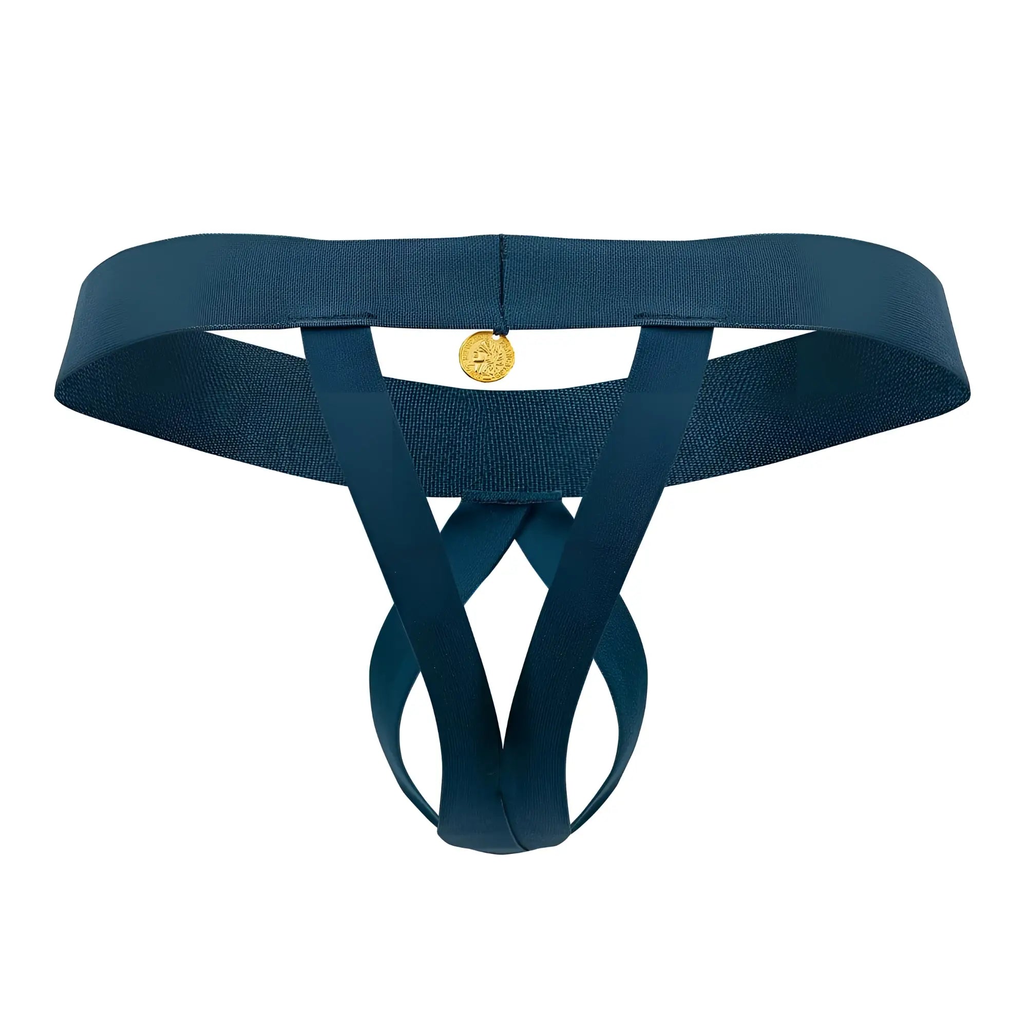Dark blue elasticated thong with gold circular emblem at center in roger smuth rs087 ball lifter green model