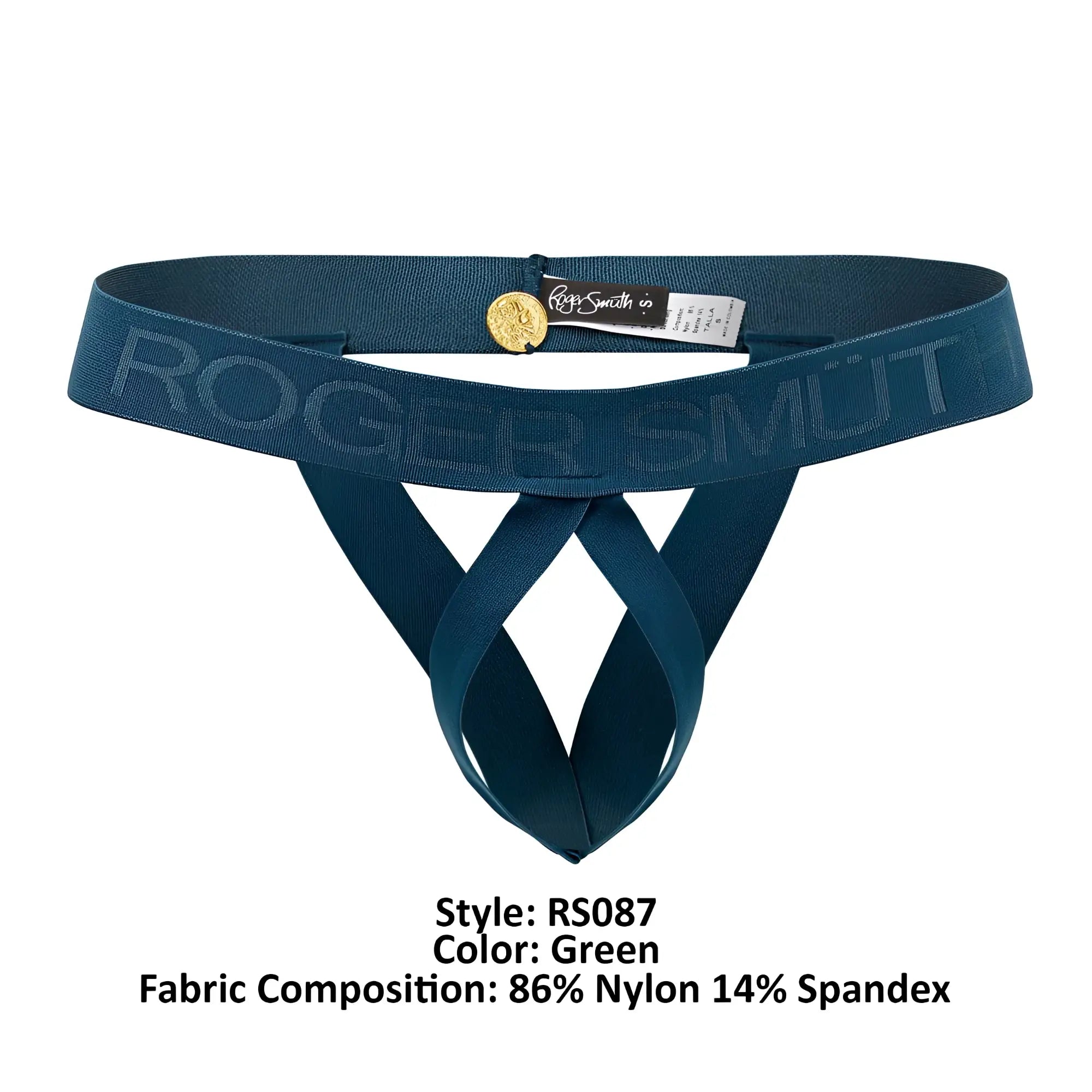 Teal roger smith rs087 thong with gold coin buckle made of 86 nylon and 14 spandex for ball lifting in green color