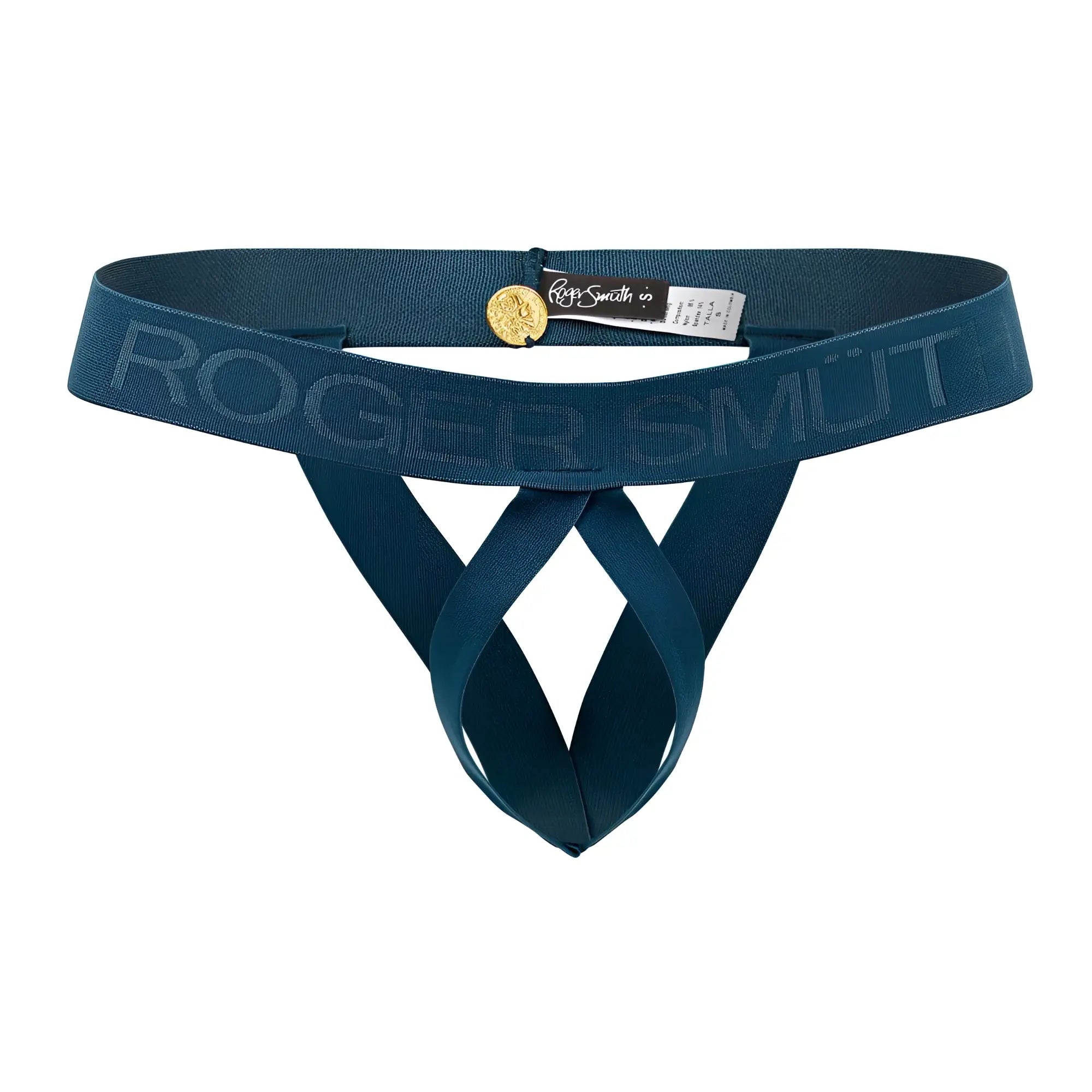 Teal roger smith brand thong in green with gold-tone circular logo and embossed branding on elastic band front view