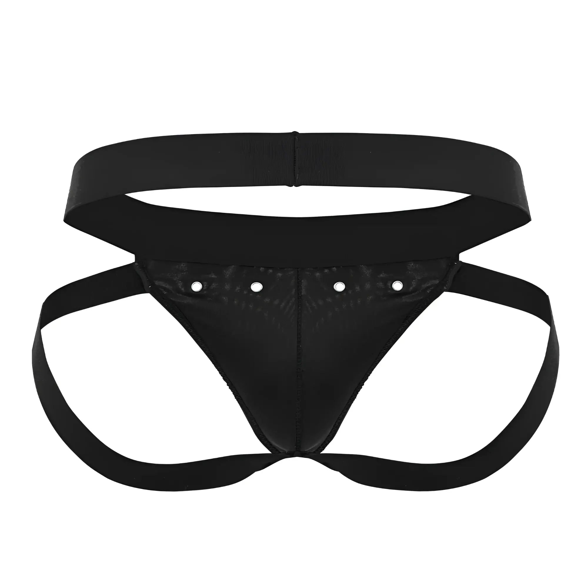 Roger smuth rs088 jock-thong in black patent leather with adjustable straps and silver rivets shown from the back