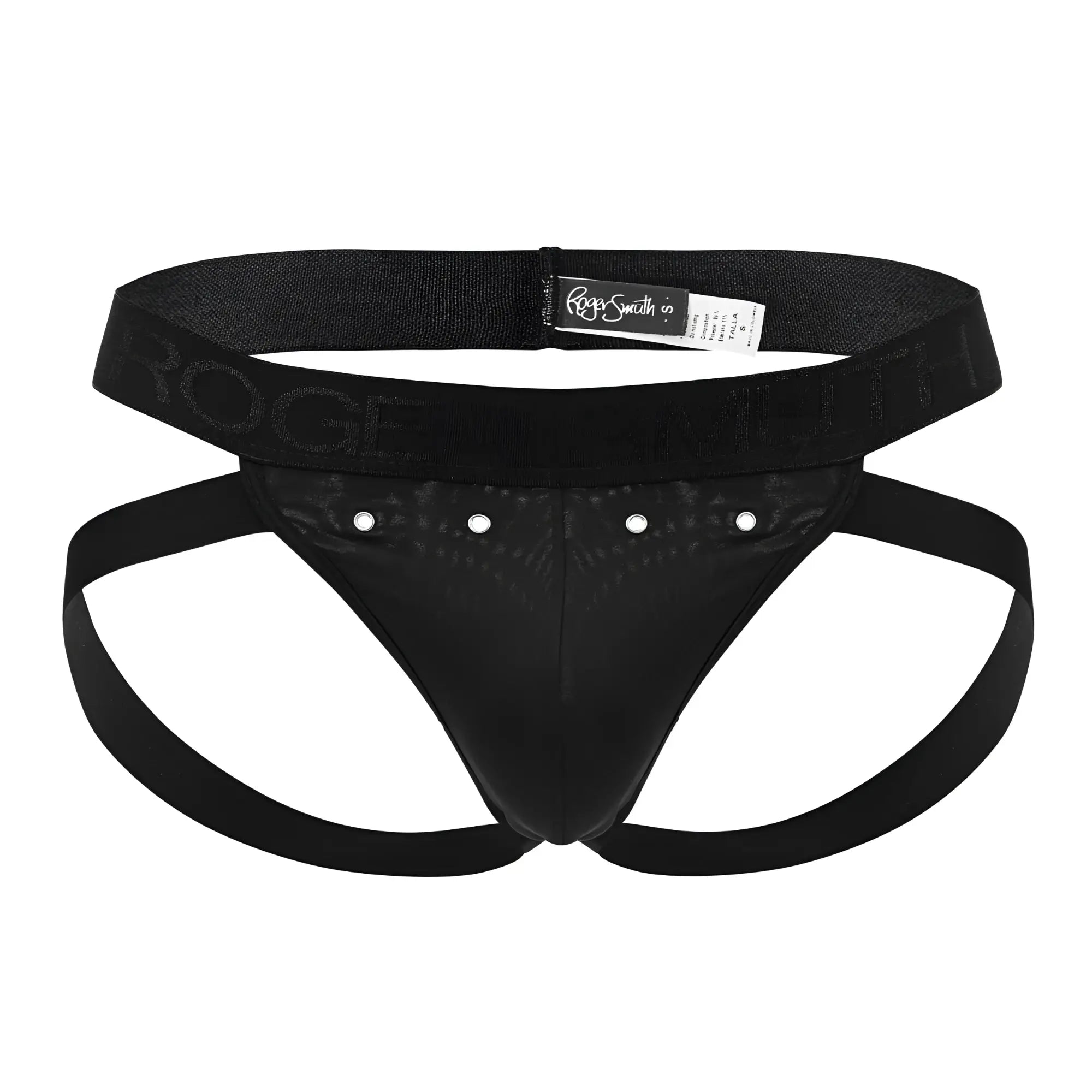 Black roger smith rs088 jock-thong with textured front panel and silver toned studs for stylish support