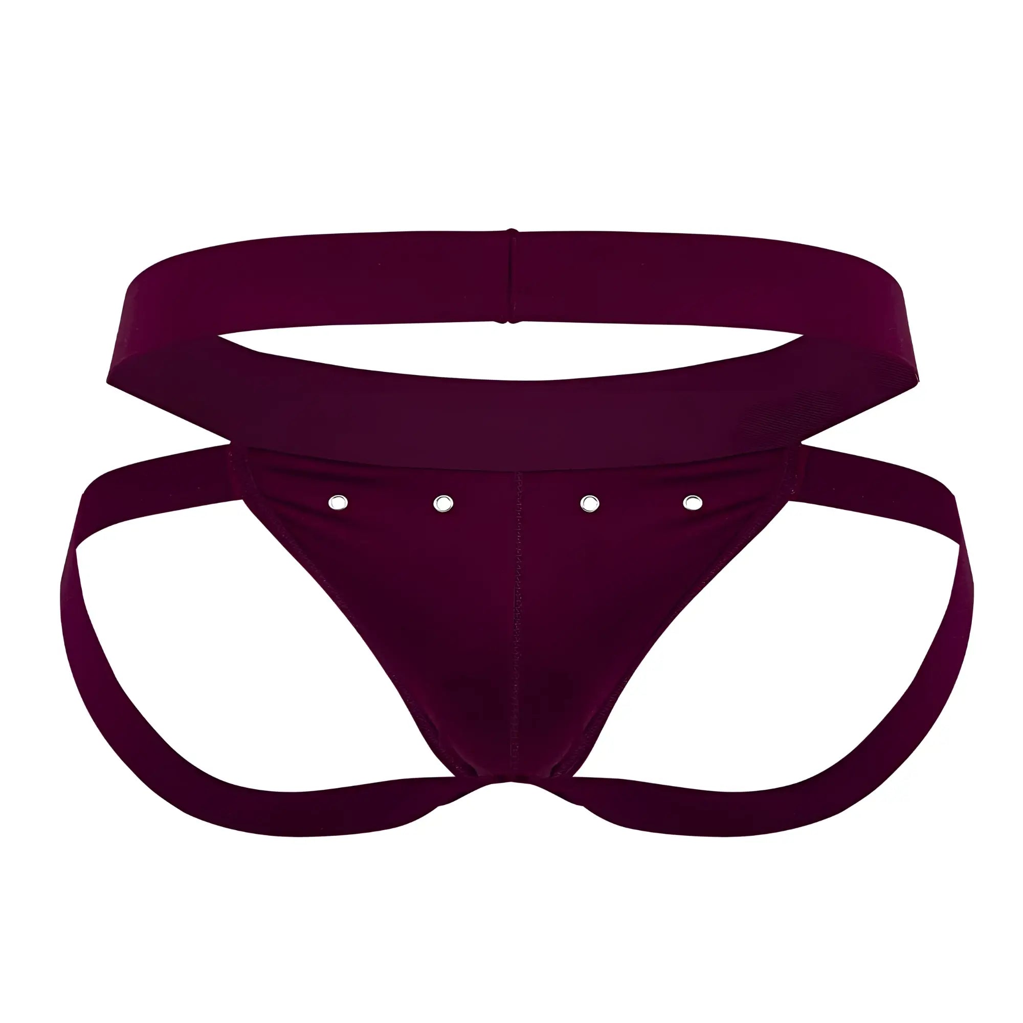 Roger Smuth RS088 jock-thong in deep burgundy velvet briefs with wide waistband and four silver studs on front