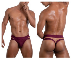 Maroon roger smuth rs088 jock-thong briefs with sleek design, side straps, and silver eyelets for men