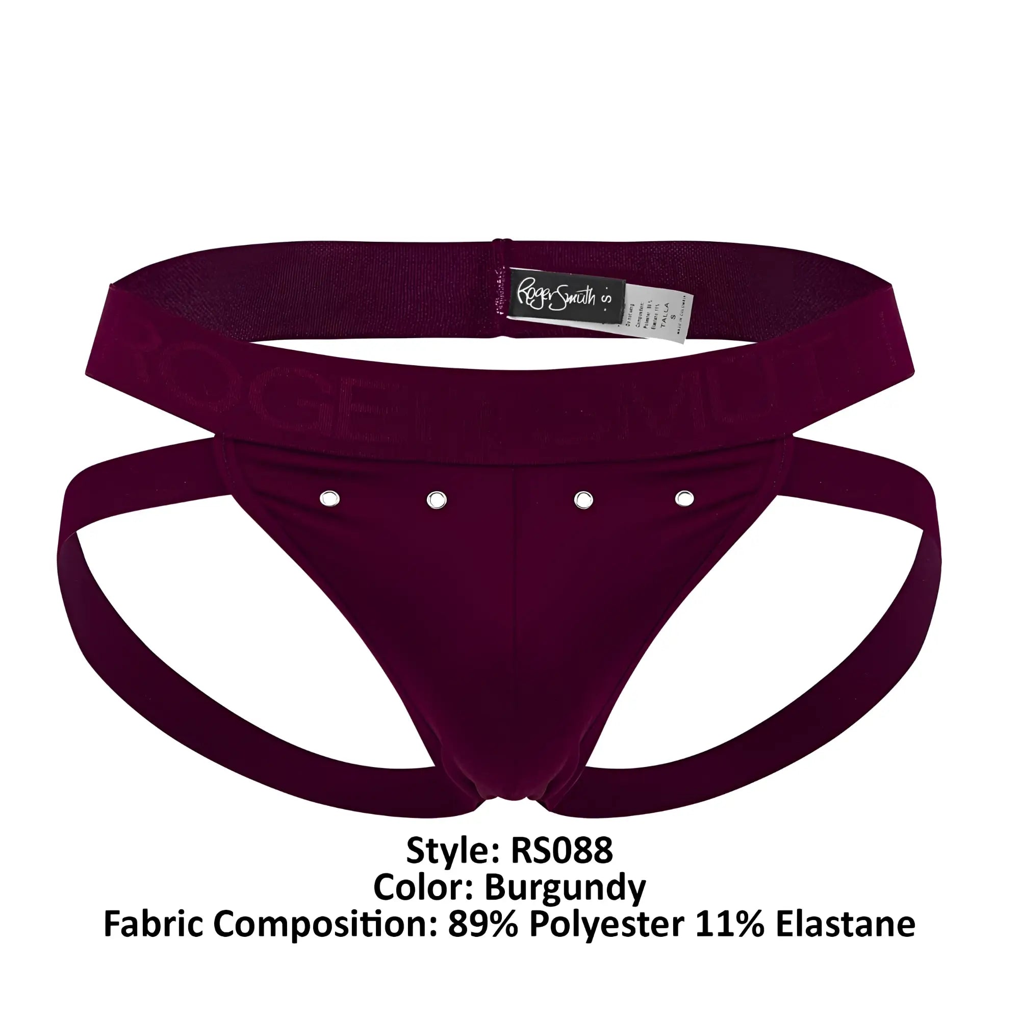 Burgundy Roger Smith RS088 men’s briefs in a supportive contoured design with three silver studs on the front