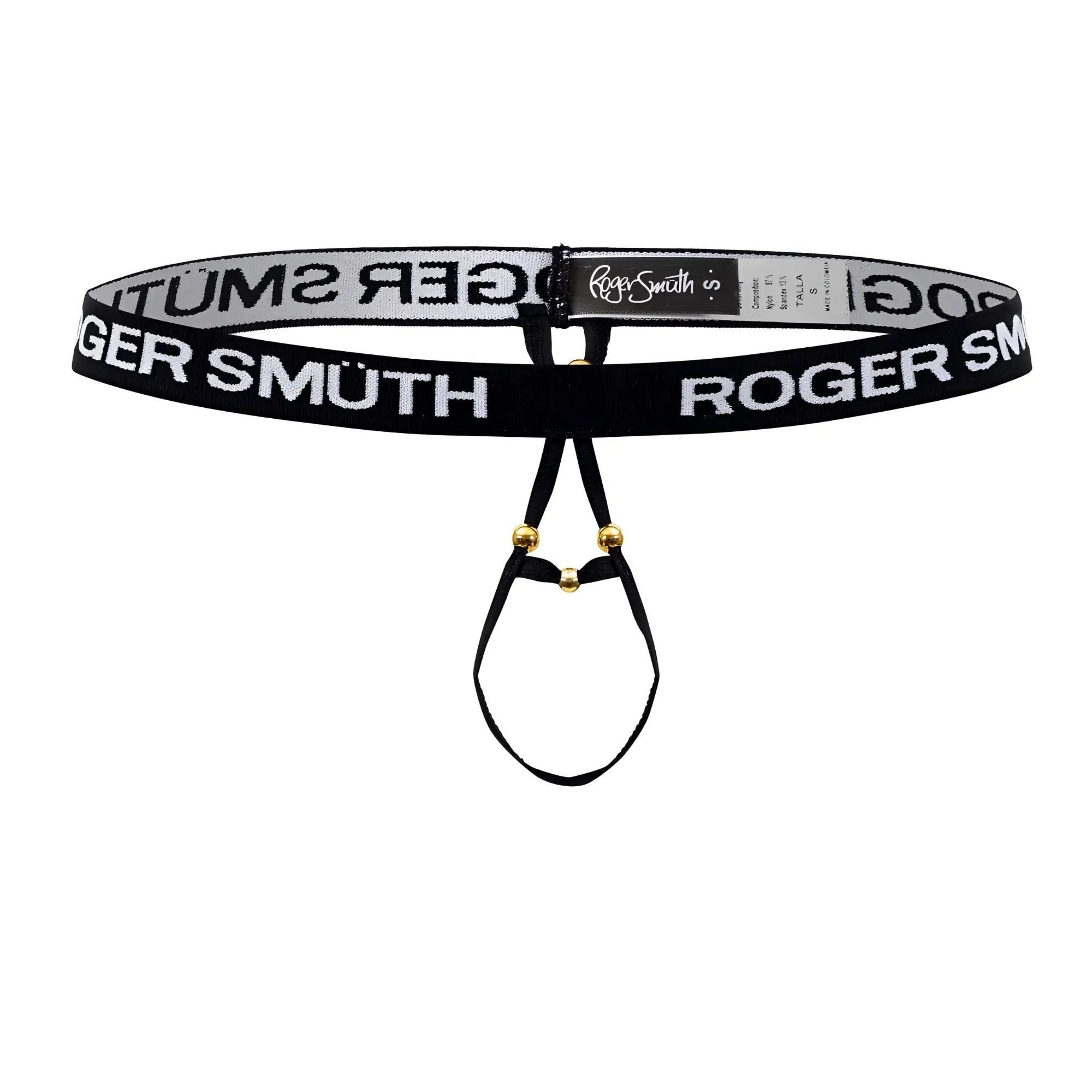 Black roger smith branded men’s thong with white lettering and gold-tone hardware in roger smith rs089 ball lifter design