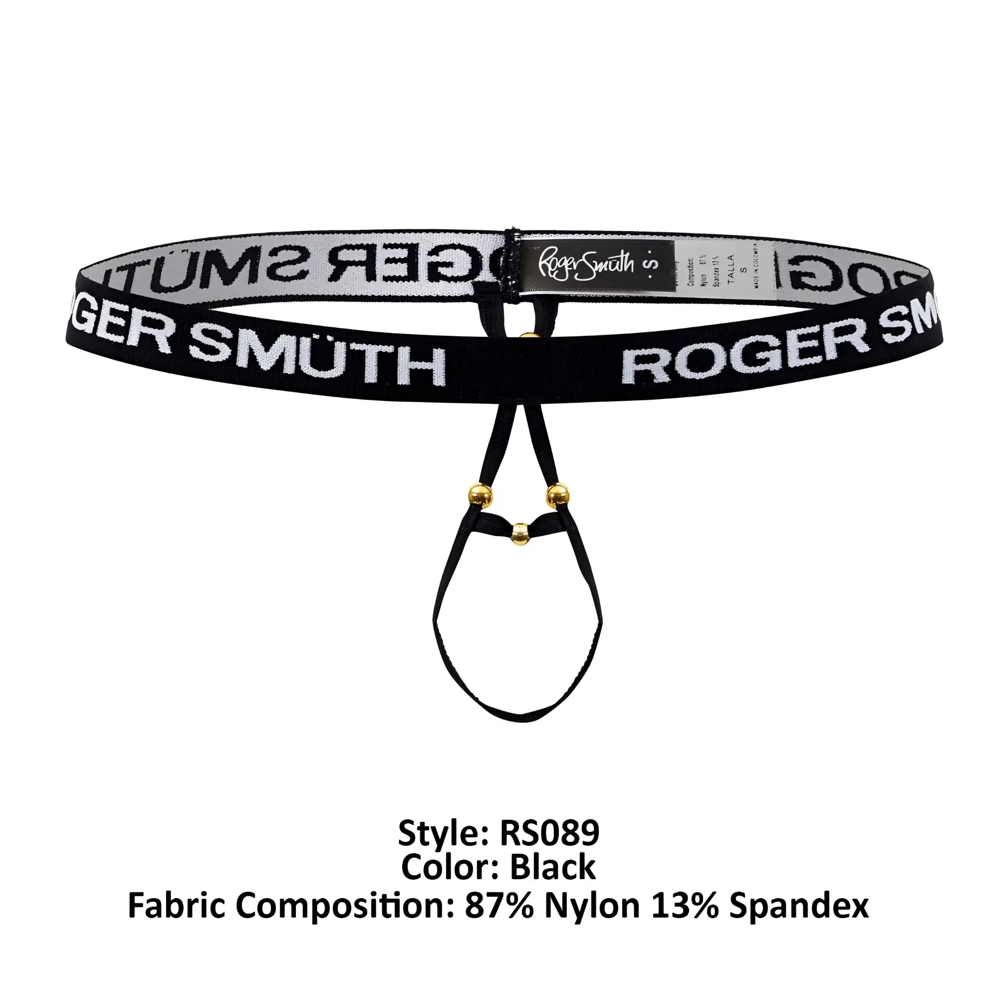 Black roger smuth rs089 ball lifter thong belt with bold white lettering on stretchy nylon spandex and gold hardware