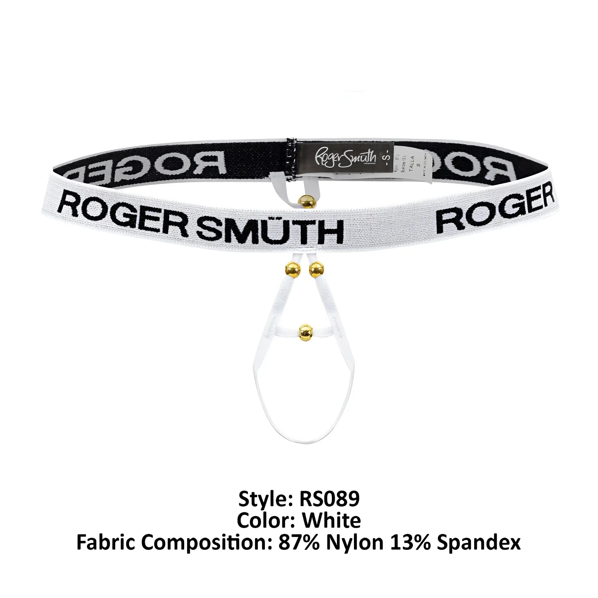 White roger smuth rs089 ball lifter belt with black lettering and gold tone hardware for secure fit