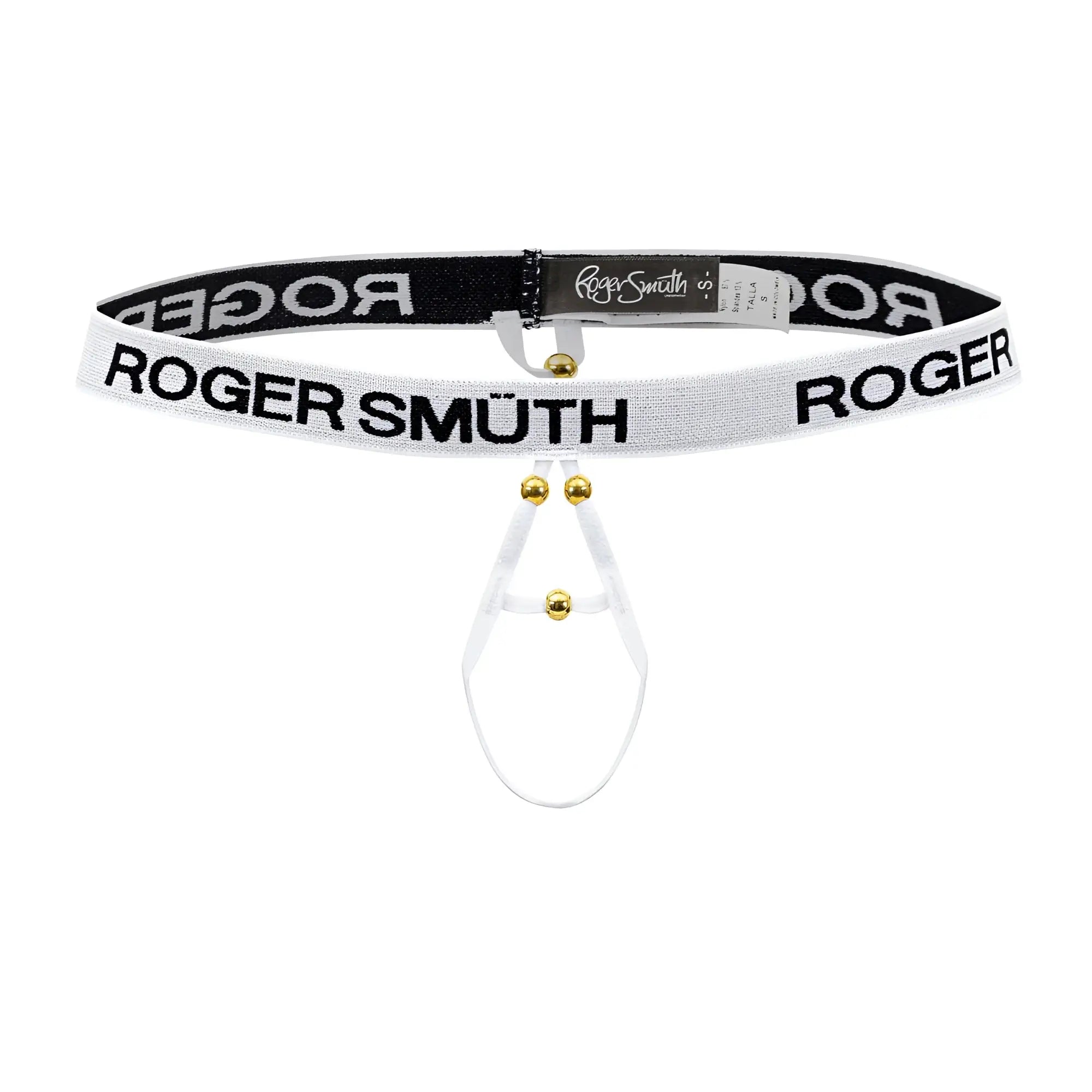 White and black roger smuth rs089 ball lifter men’s thong with gold-tone hardware and branded design